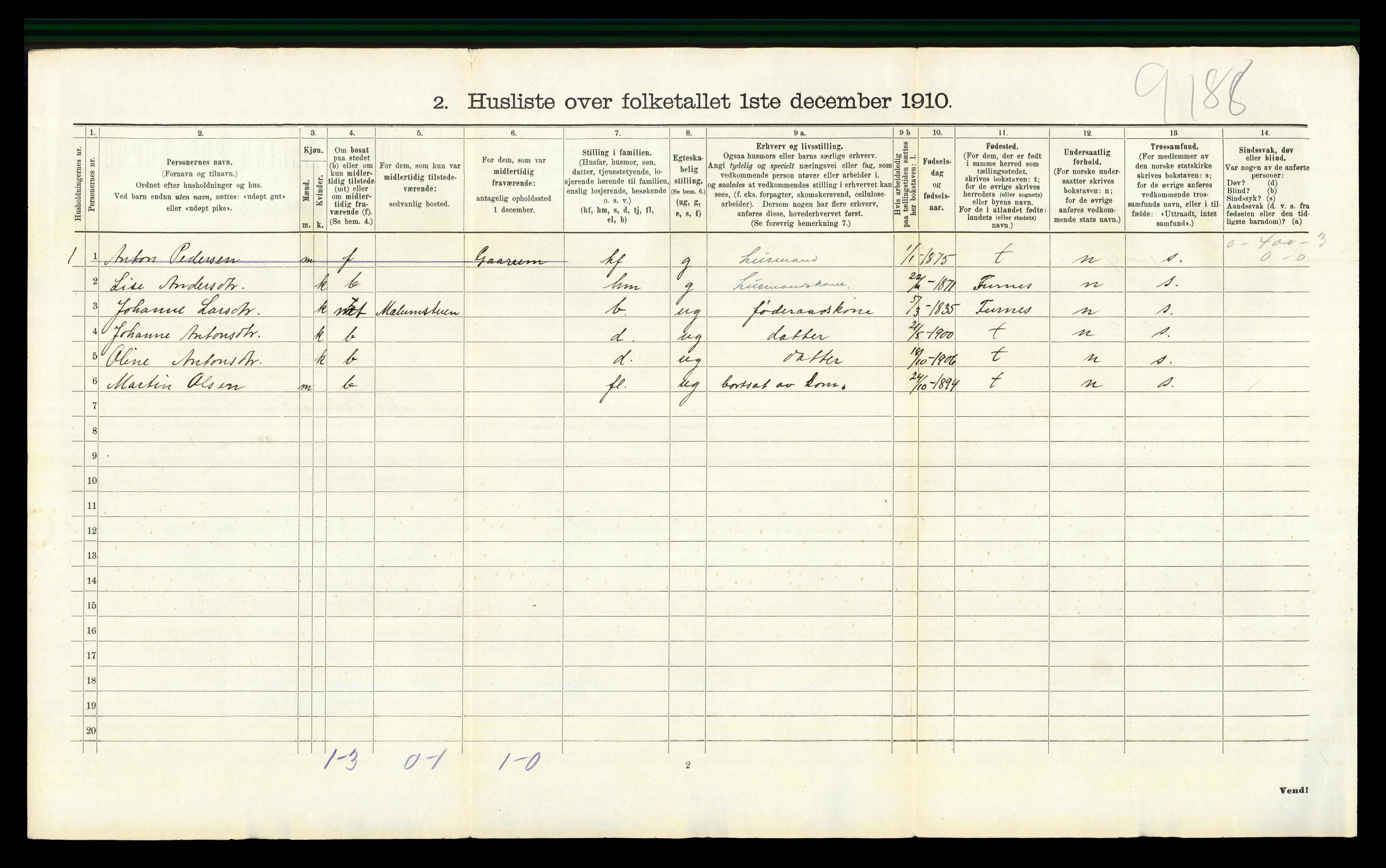 RA, 1910 census for Nes, 1910, p. 686