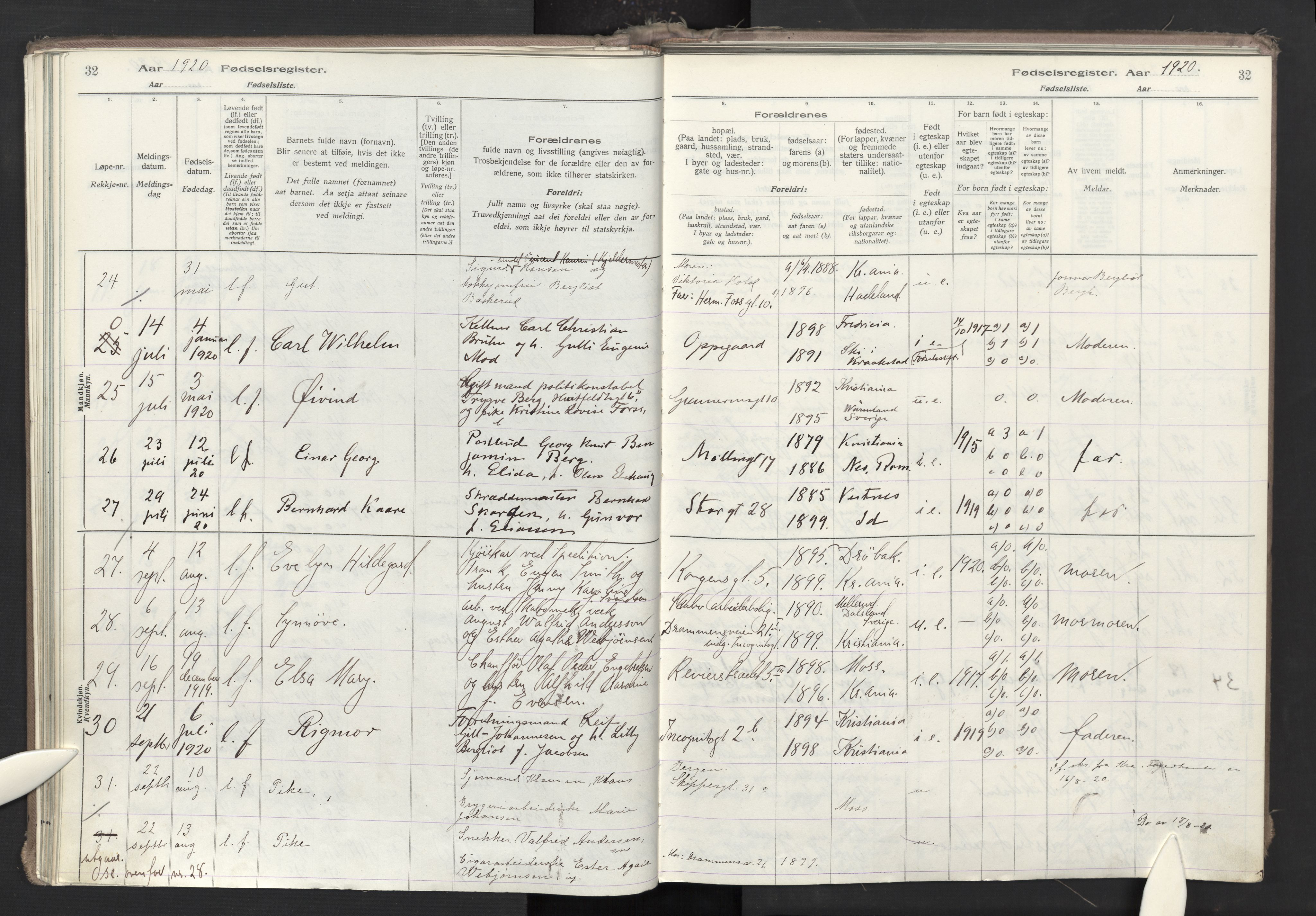 Oslo domkirke Kirkebøker, AV/SAO-A-10752/J/Ja/L0001: Birth register no. 1, 1916-1941, p. 32