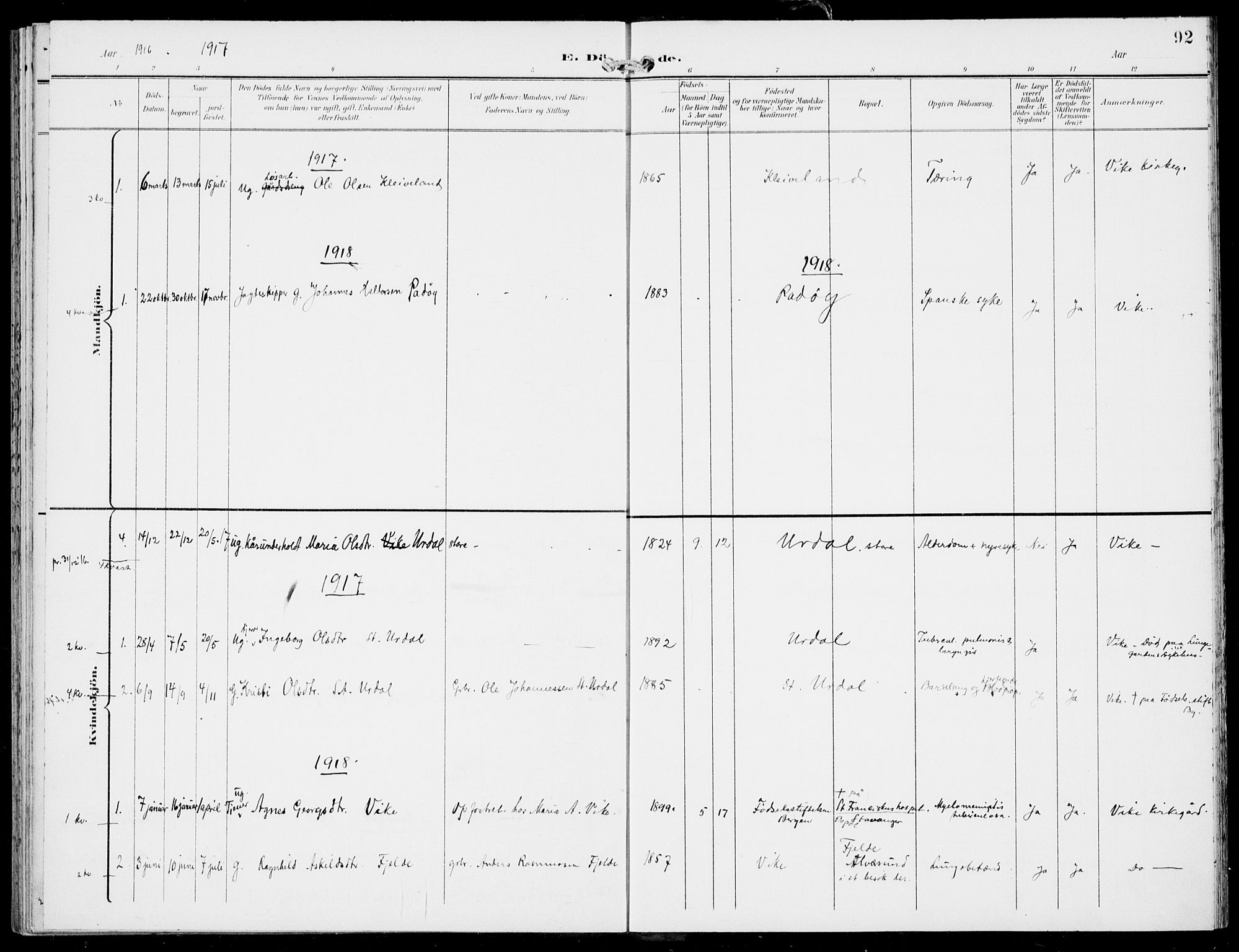 Hosanger sokneprestembete, AV/SAB-A-75801/H/Haa: Parish register (official) no. D  1, 1896-1922, p. 92