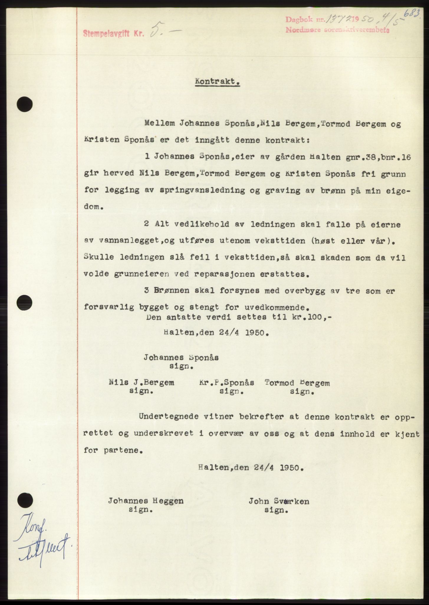 Nordmøre sorenskriveri, AV/SAT-A-4132/1/2/2Ca: Mortgage book no. B104, 1950-1950, Diary no: : 1372/1950