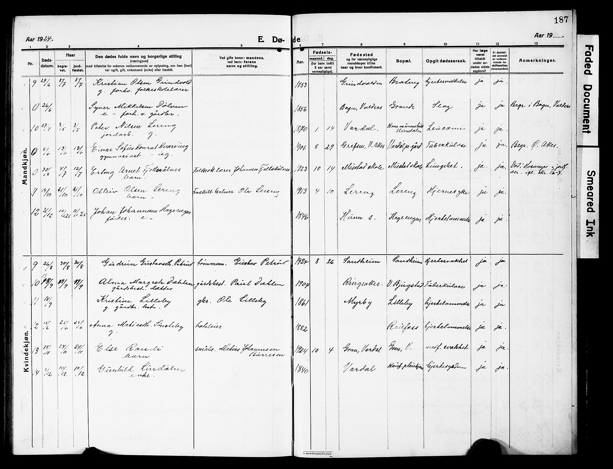 Vardal prestekontor, SAH/PREST-100/H/Ha/Hab/L0015: Parish register (copy) no. 15, 1914-1931, p. 187