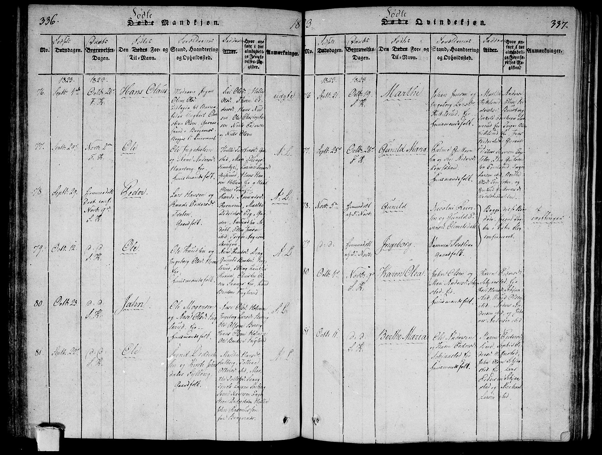 Lier kirkebøker, AV/SAKO-A-230/F/Fa/L0008: Parish register (official) no. I 8, 1813-1825, p. 336-337
