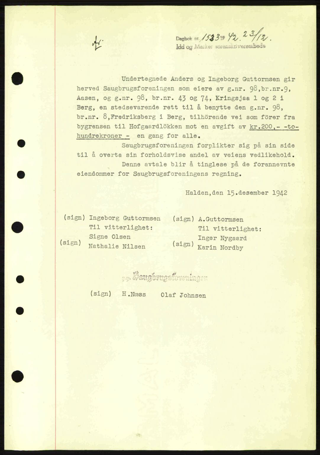 Idd og Marker sorenskriveri, AV/SAO-A-10283/G/Gb/Gbb/L0005: Mortgage book no. A5, 1941-1943, Diary no: : 1533/1942