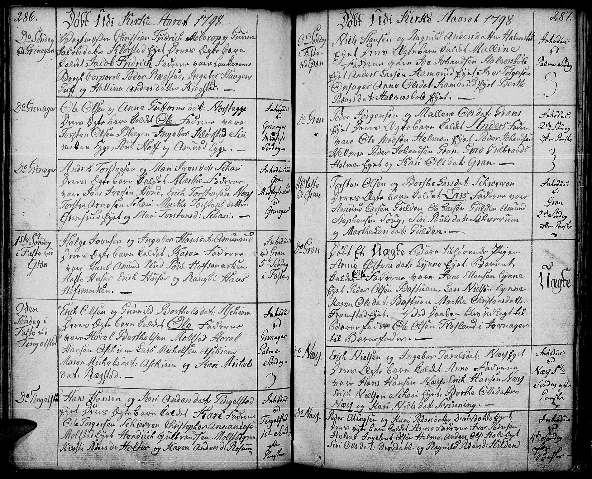 Gran prestekontor, AV/SAH-PREST-112/H/Ha/Haa/L0006: Parish register (official) no. 6, 1787-1824, p. 286-287