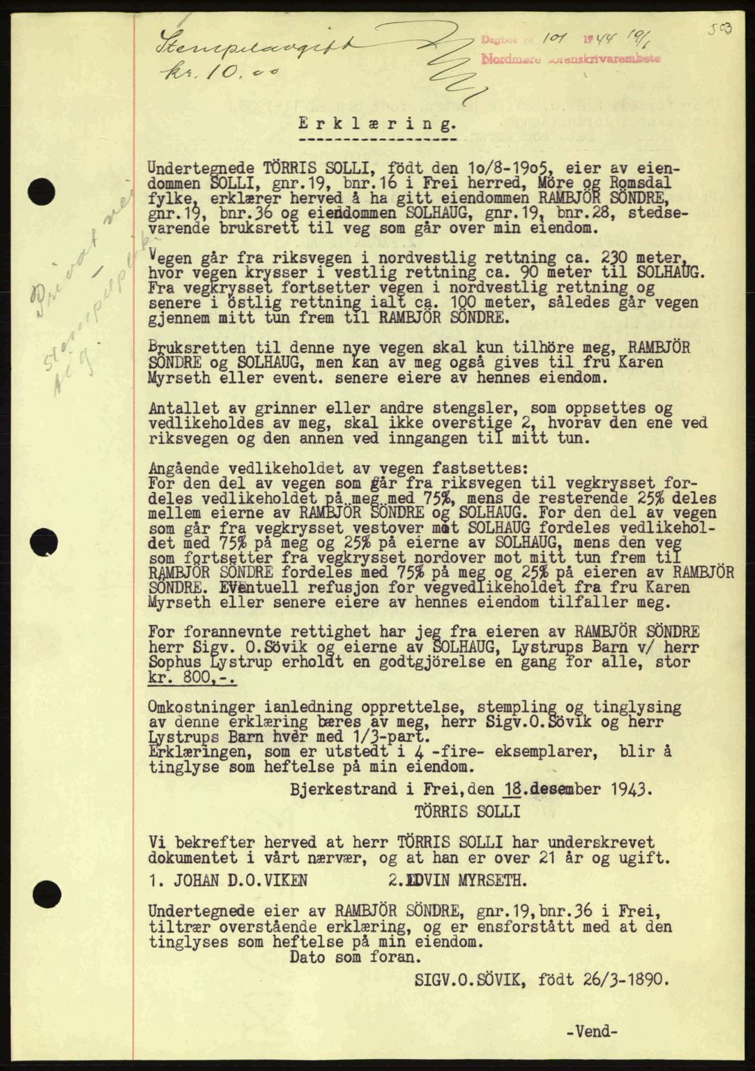 Nordmøre sorenskriveri, AV/SAT-A-4132/1/2/2Ca: Mortgage book no. B91, 1943-1944, Diary no: : 99/1944