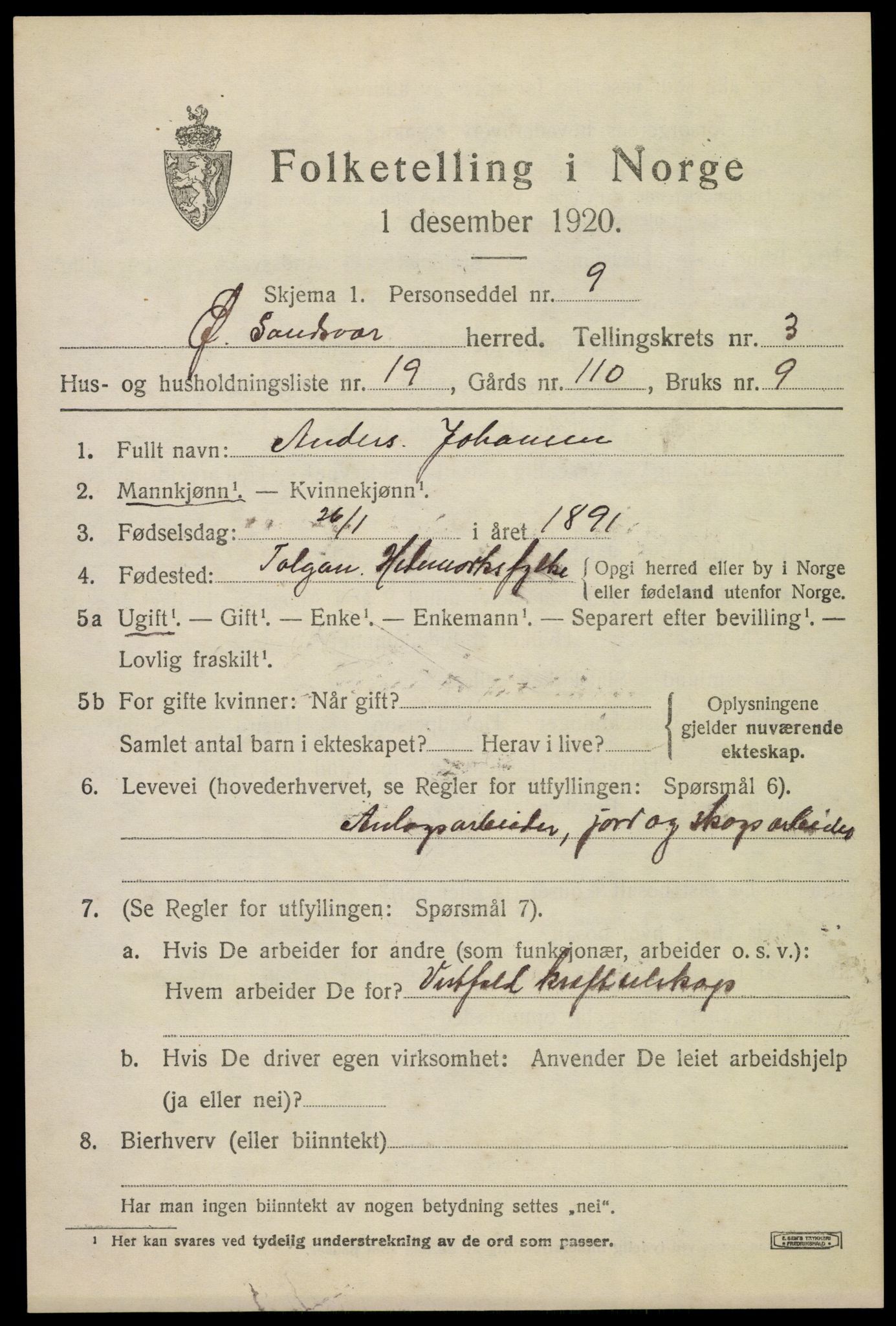 SAKO, 1920 census for Øvre Sandsvær, 1920, p. 2174