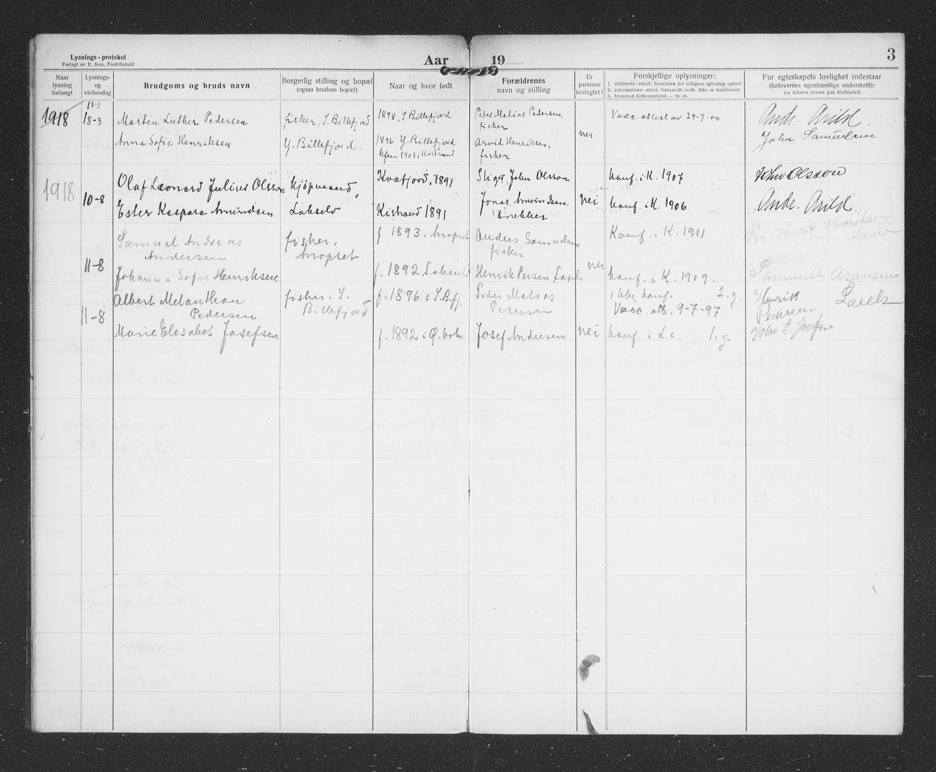 Kistrand/Porsanger sokneprestembete, SATØ/S-1351/I/Ic/L0030: Banns register no. 30, 1916-1918, p. 3