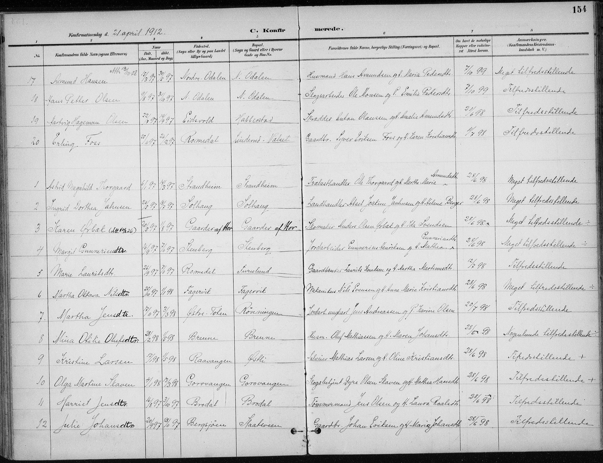 Stange prestekontor, AV/SAH-PREST-002/K/L0023: Parish register (official) no. 23, 1897-1920, p. 154