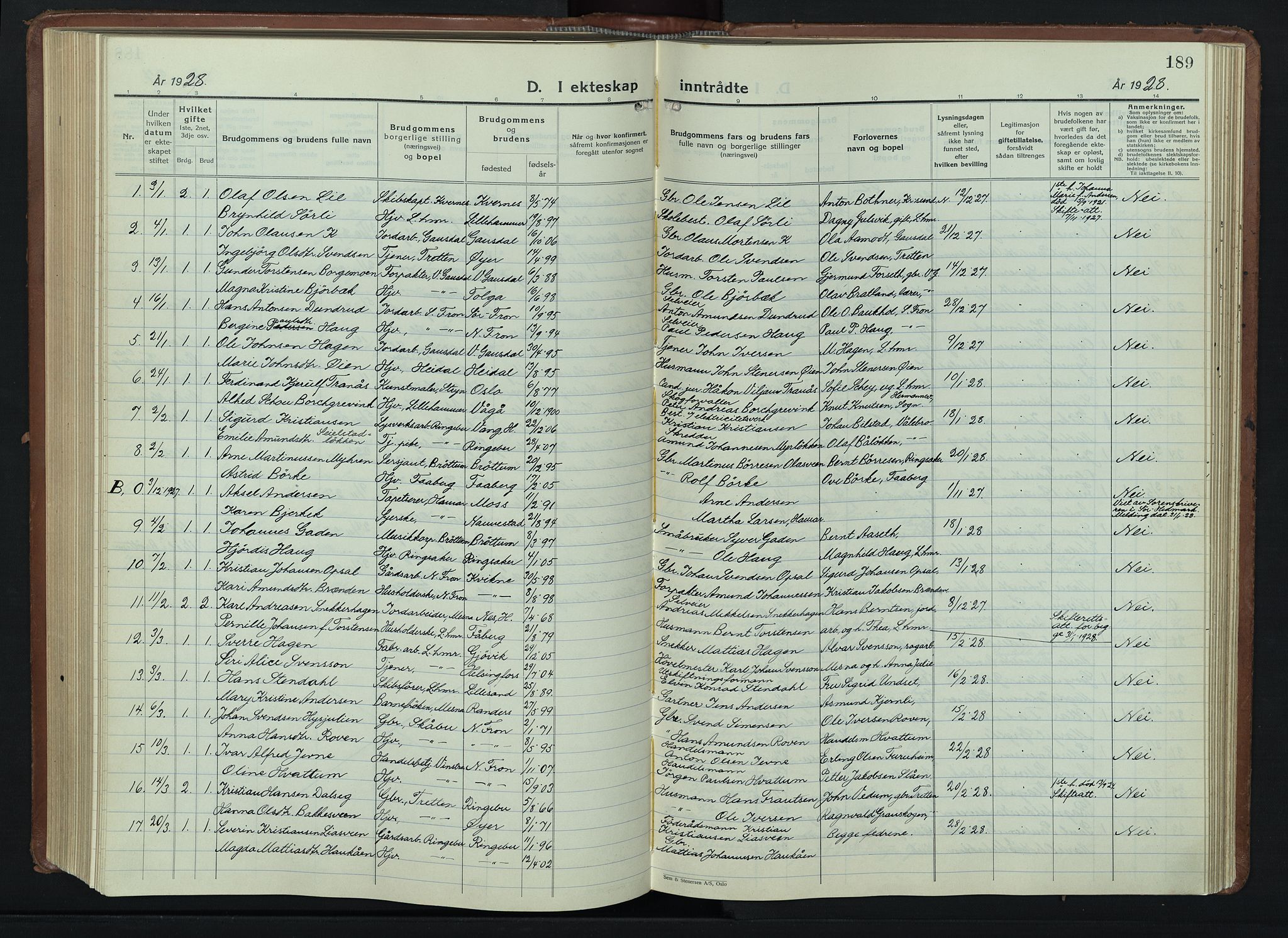 Lillehammer prestekontor, AV/SAH-PREST-088/H/Ha/Hab/L0003: Parish register (copy) no. 3, 1927-1943, p. 189