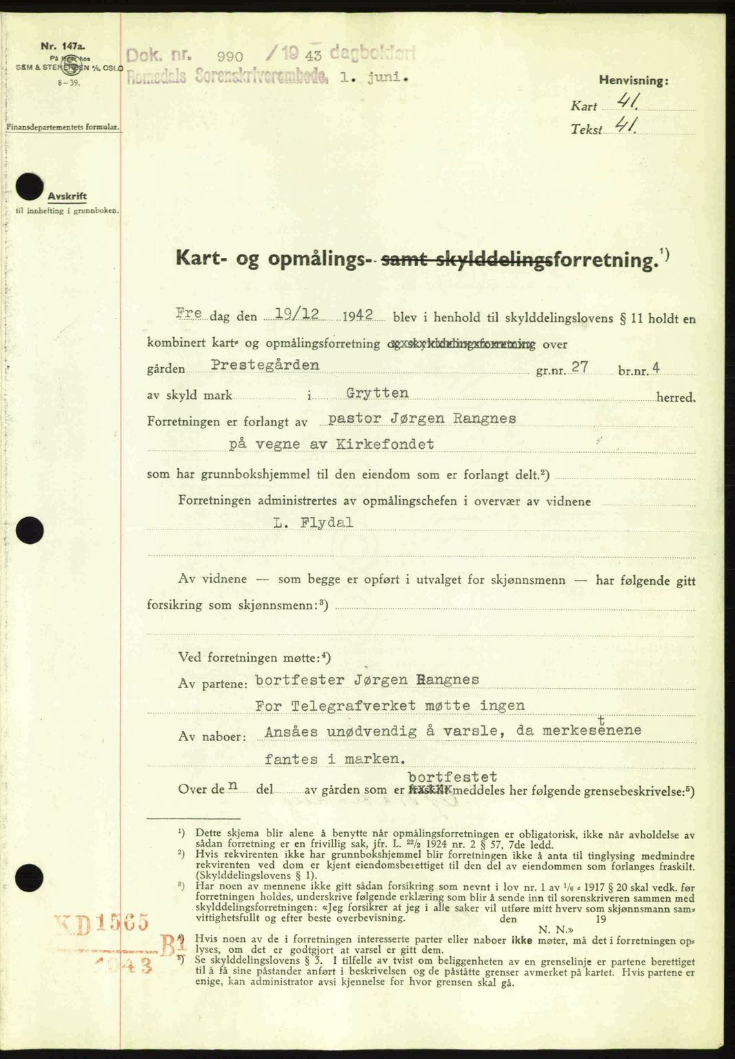 Romsdal sorenskriveri, AV/SAT-A-4149/1/2/2C: Mortgage book no. A14, 1943-1943, Diary no: : 990/1943