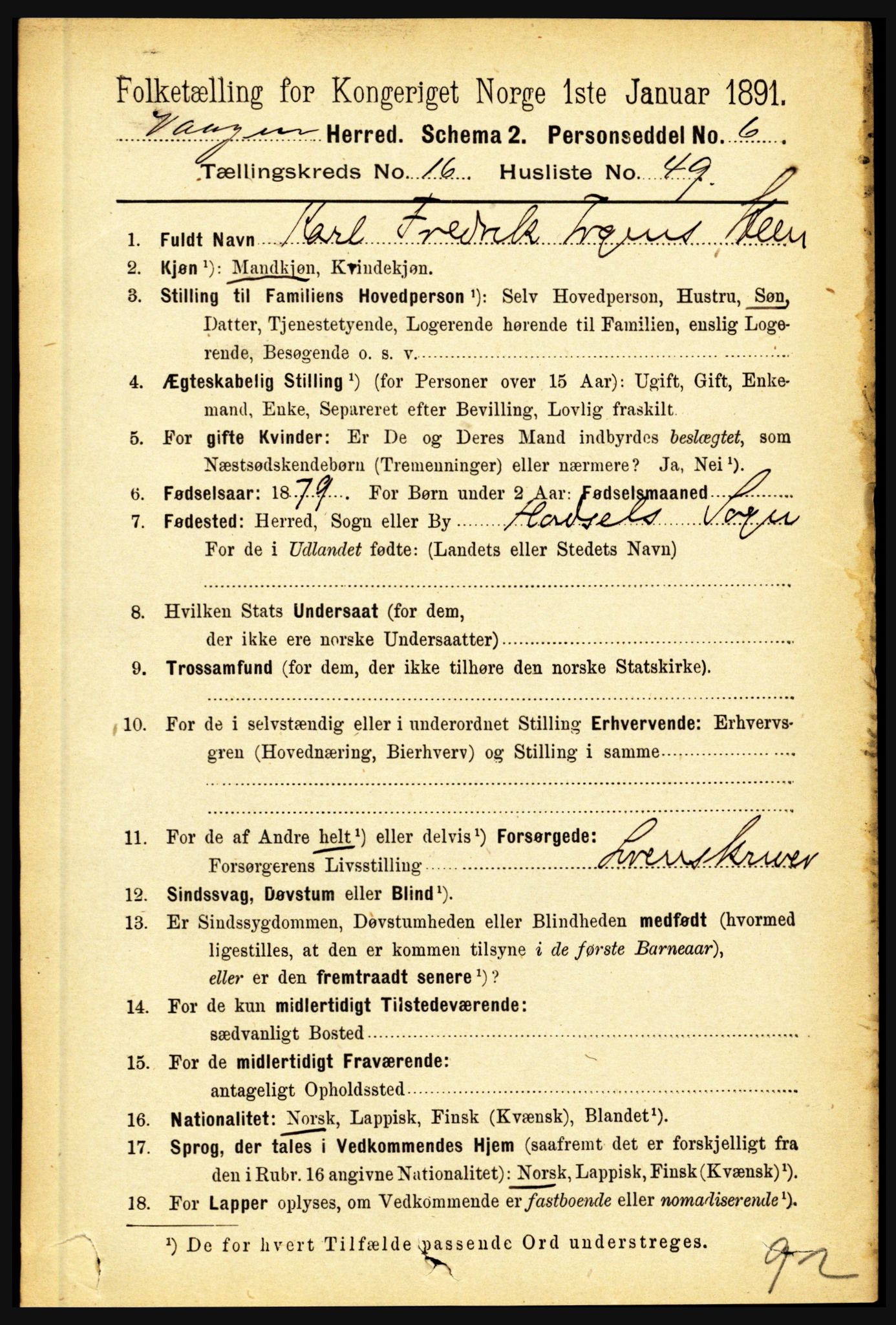 RA, 1891 census for 1865 Vågan, 1891, p. 4884