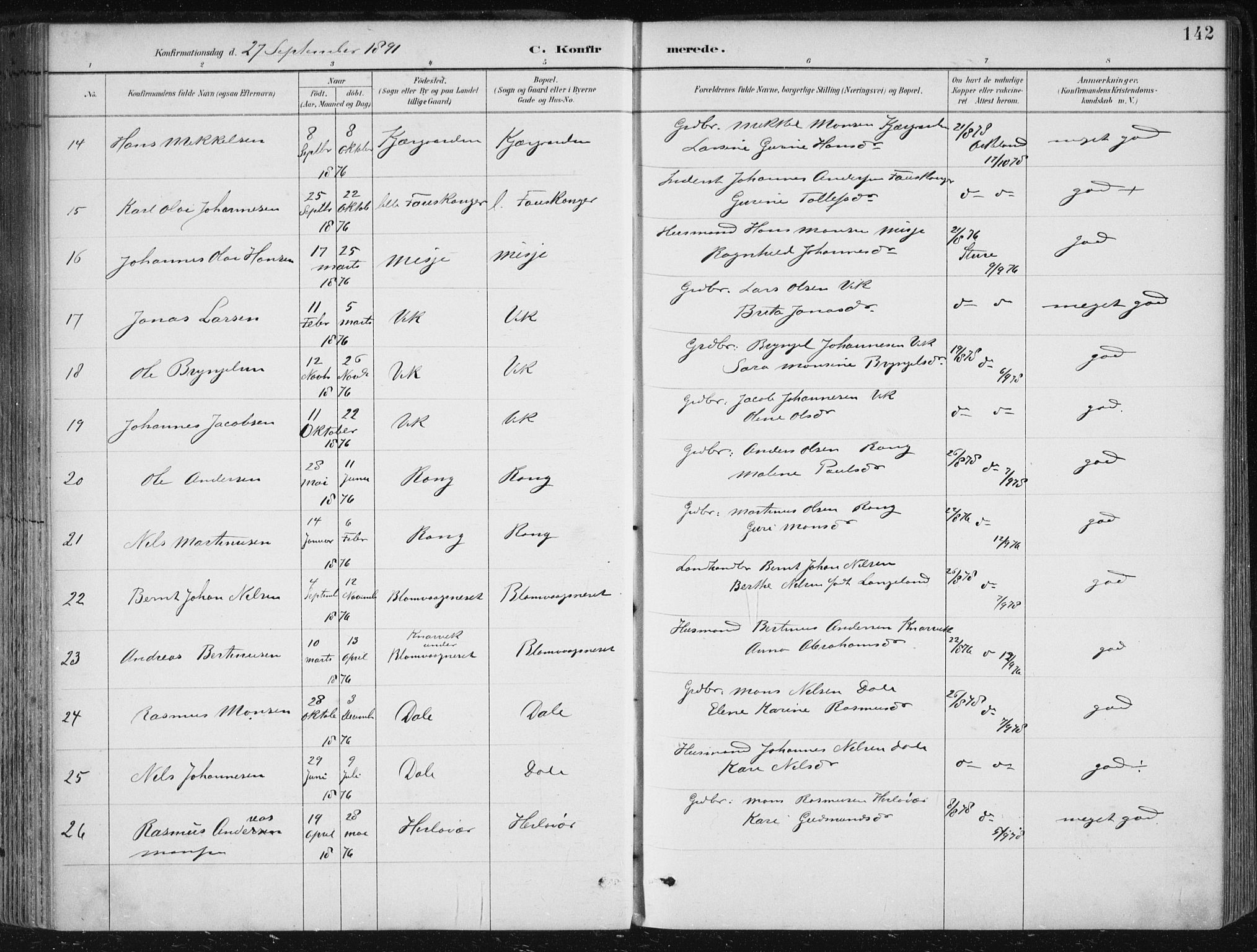 Herdla Sokneprestembete, AV/SAB-A-75701/H/Haa: Parish register (official) no. A 4, 1891-1905, p. 142