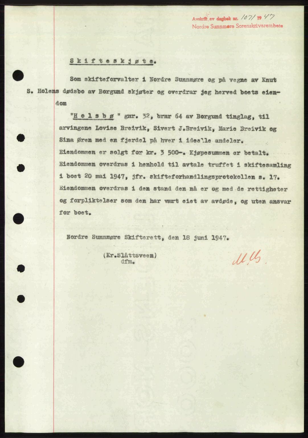 Nordre Sunnmøre sorenskriveri, AV/SAT-A-0006/1/2/2C/2Ca: Mortgage book no. A24, 1947-1947, Diary no: : 1071/1947