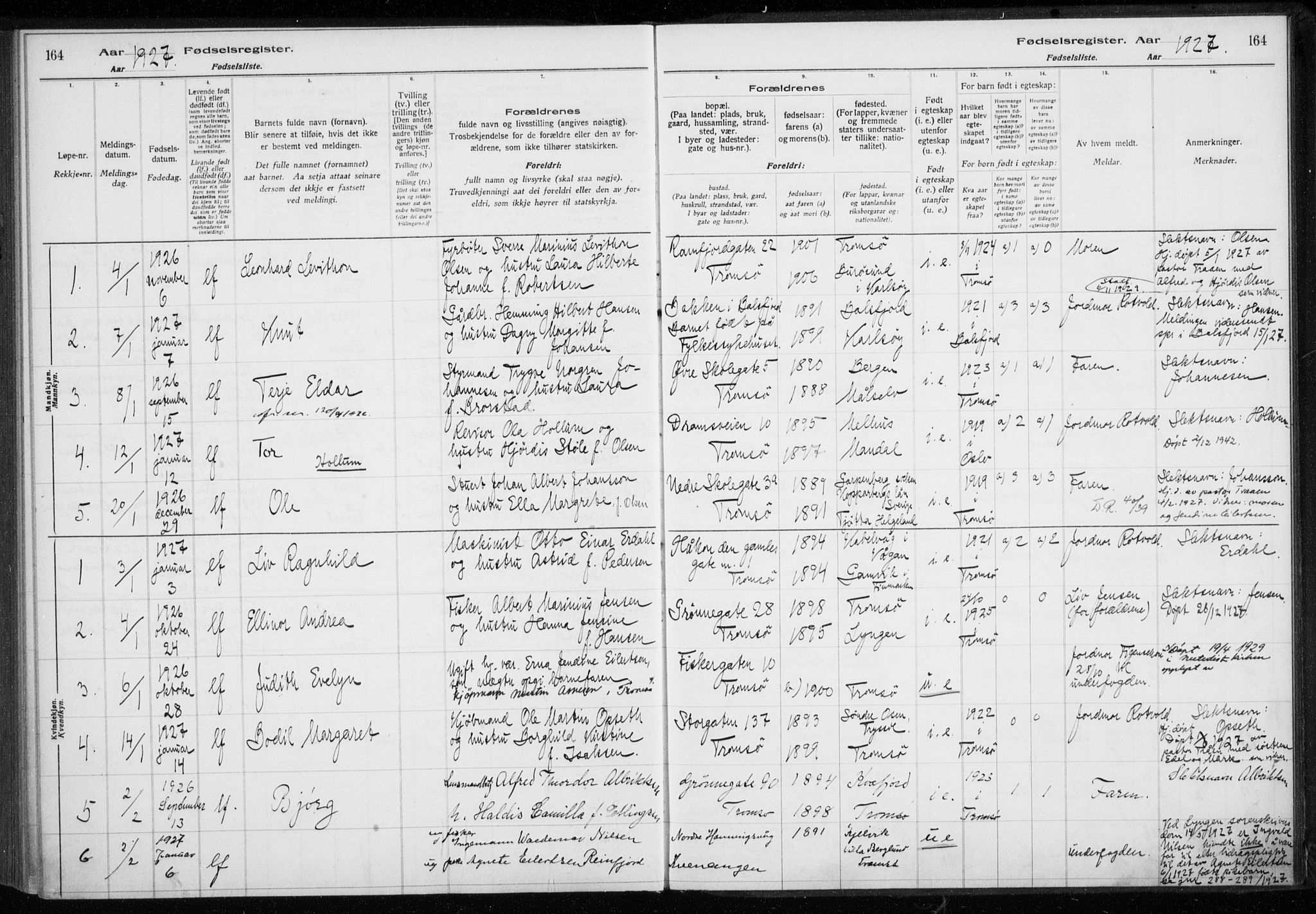 Tromsø sokneprestkontor/stiftsprosti/domprosti, SATØ/S-1343/H/Ha/L0132: Birth register no. 132, 1921-1927, p. 164