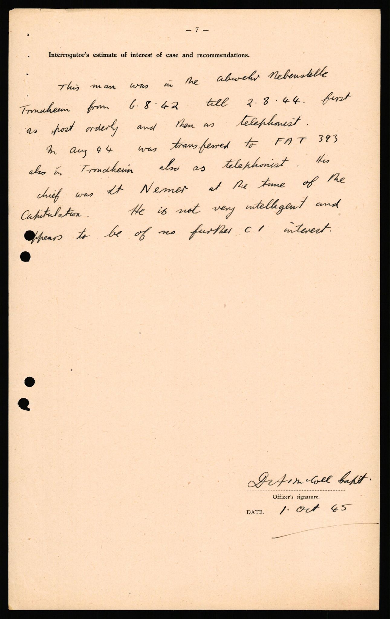 Forsvaret, Forsvarets overkommando II, AV/RA-RAFA-3915/D/Db/L0039: CI Questionaires. Tyske okkupasjonsstyrker i Norge. Østerrikere., 1945-1946, p. 145