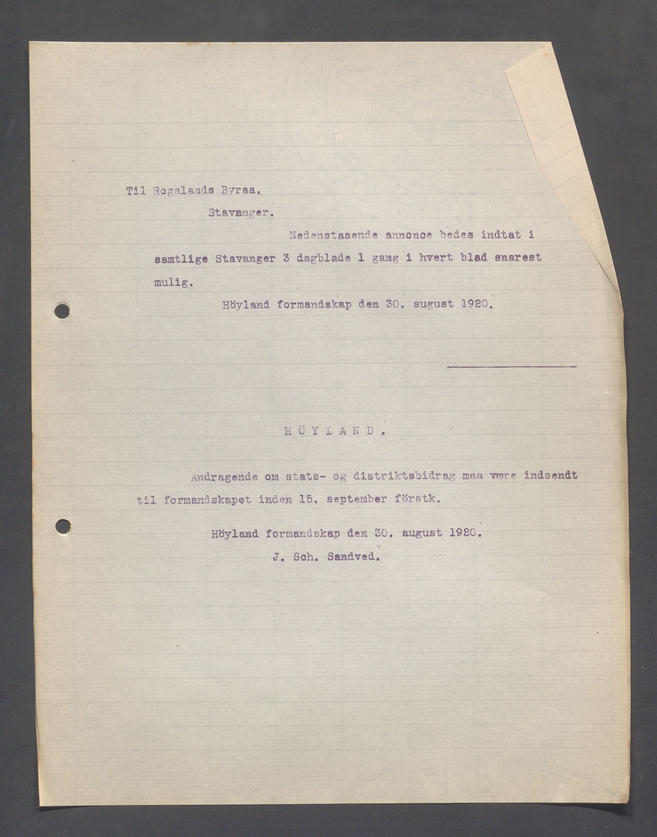 Høyland kommune - Formannskapet, IKAR/K-100046/B/L0005: Kopibok, 1918-1921, p. 1275