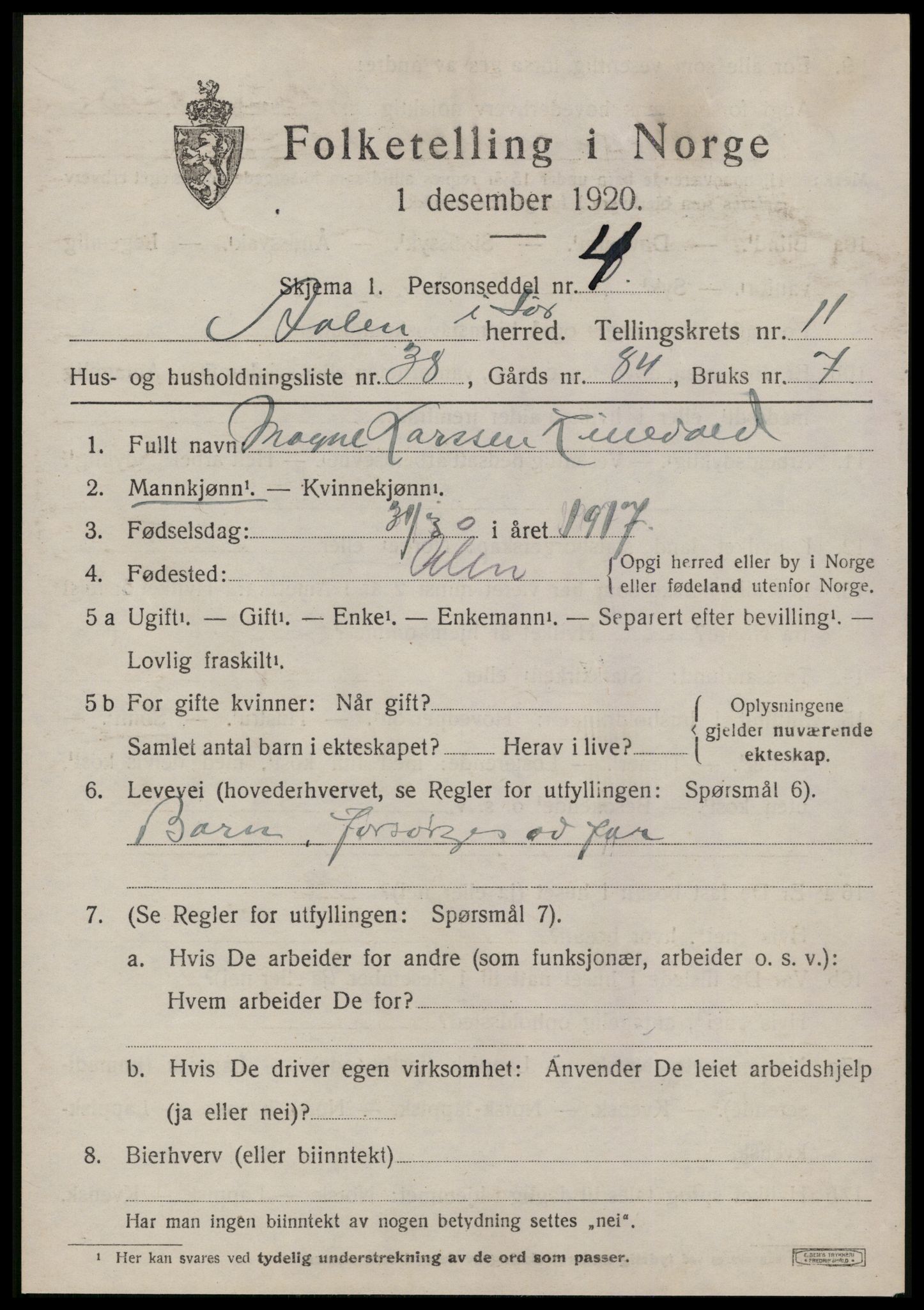 SAT, 1920 census for Ålen, 1920, p. 5714