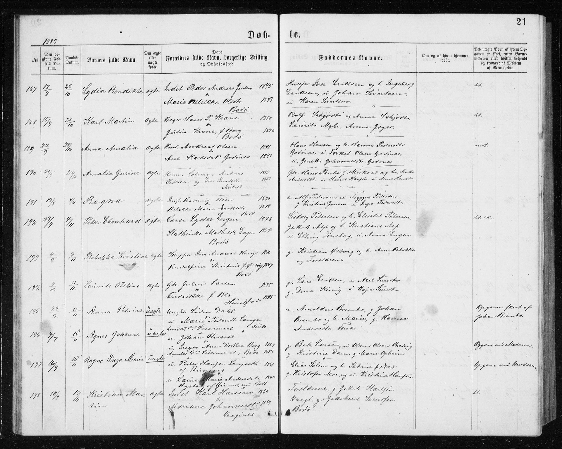 Ministerialprotokoller, klokkerbøker og fødselsregistre - Nordland, AV/SAT-A-1459/801/L0031: Parish register (copy) no. 801C06, 1883-1887, p. 21