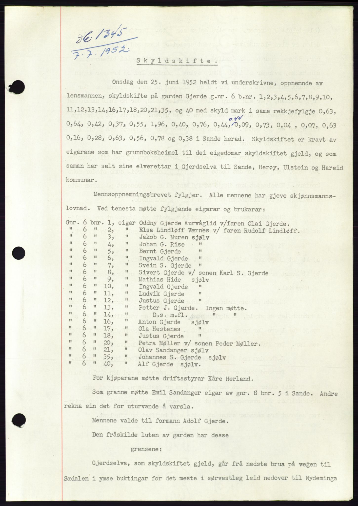 Søre Sunnmøre sorenskriveri, AV/SAT-A-4122/1/2/2C/L0092: Mortgage book no. 18A, 1952-1952, Diary no: : 1345/1952