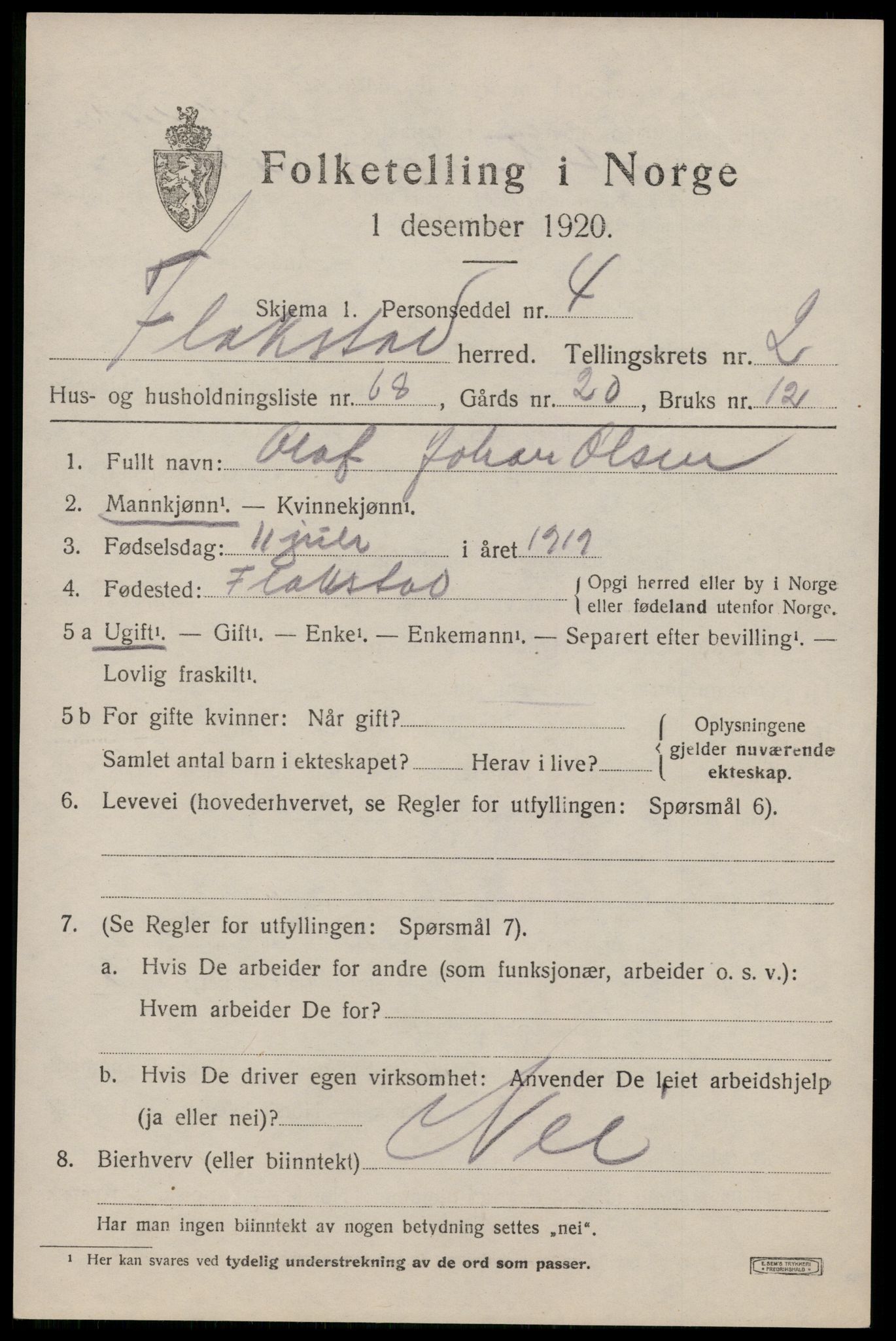 SAT, 1920 census for Flakstad, 1920, p. 2141