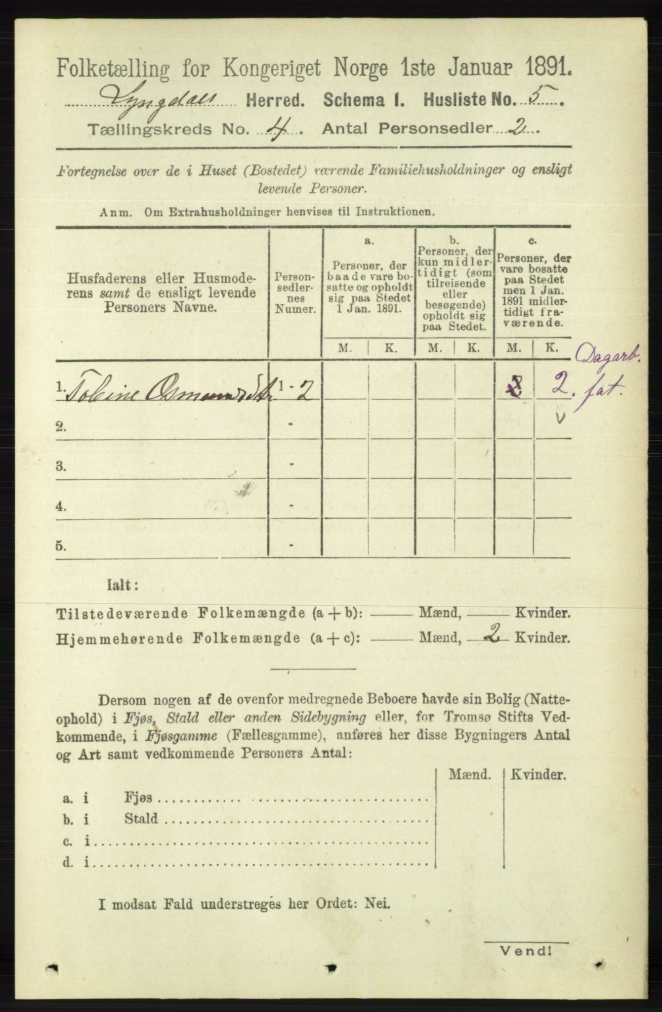 RA, 1891 census for 1032 Lyngdal, 1891, p. 1358