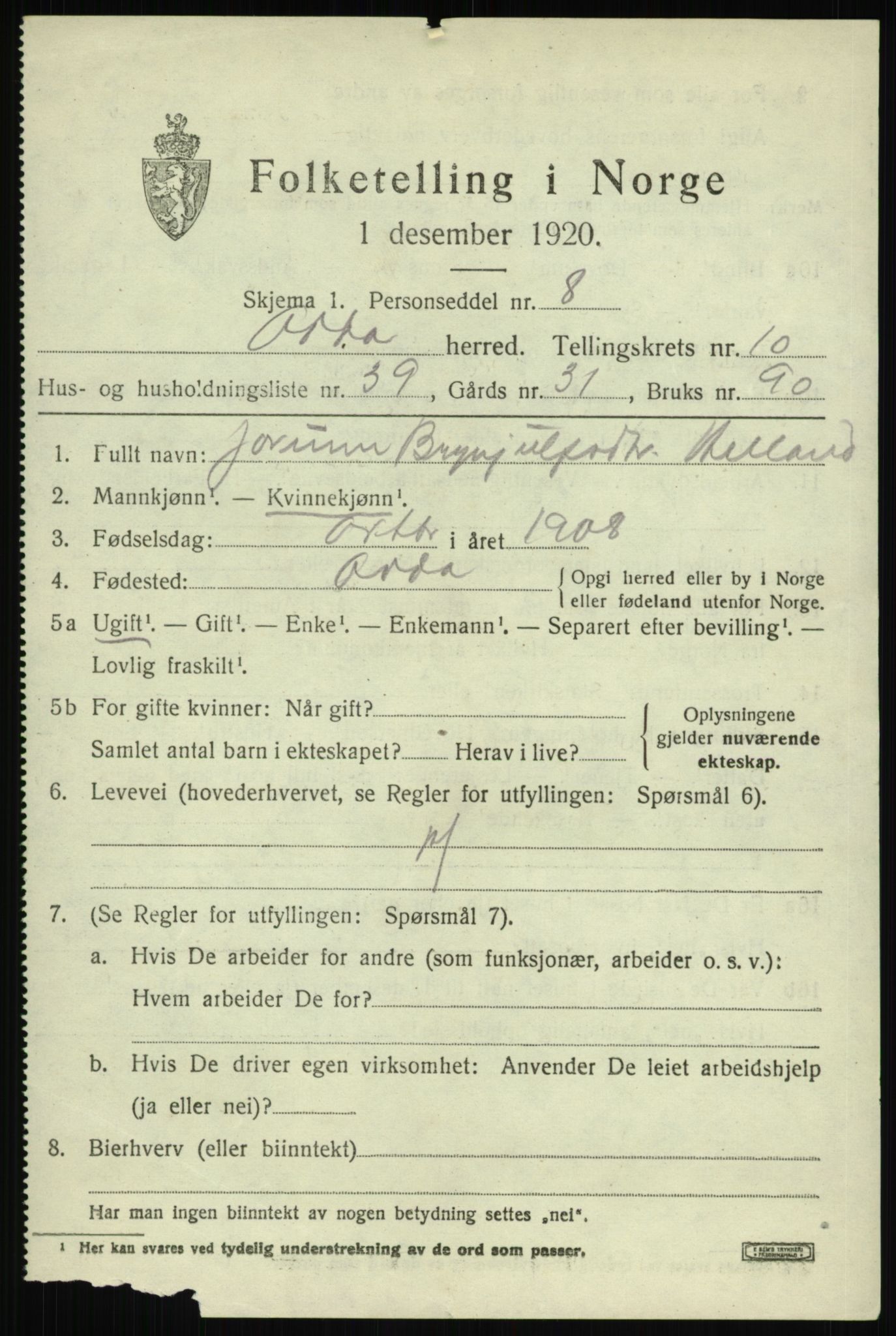 SAB, 1920 census for Odda, 1920, p. 10787