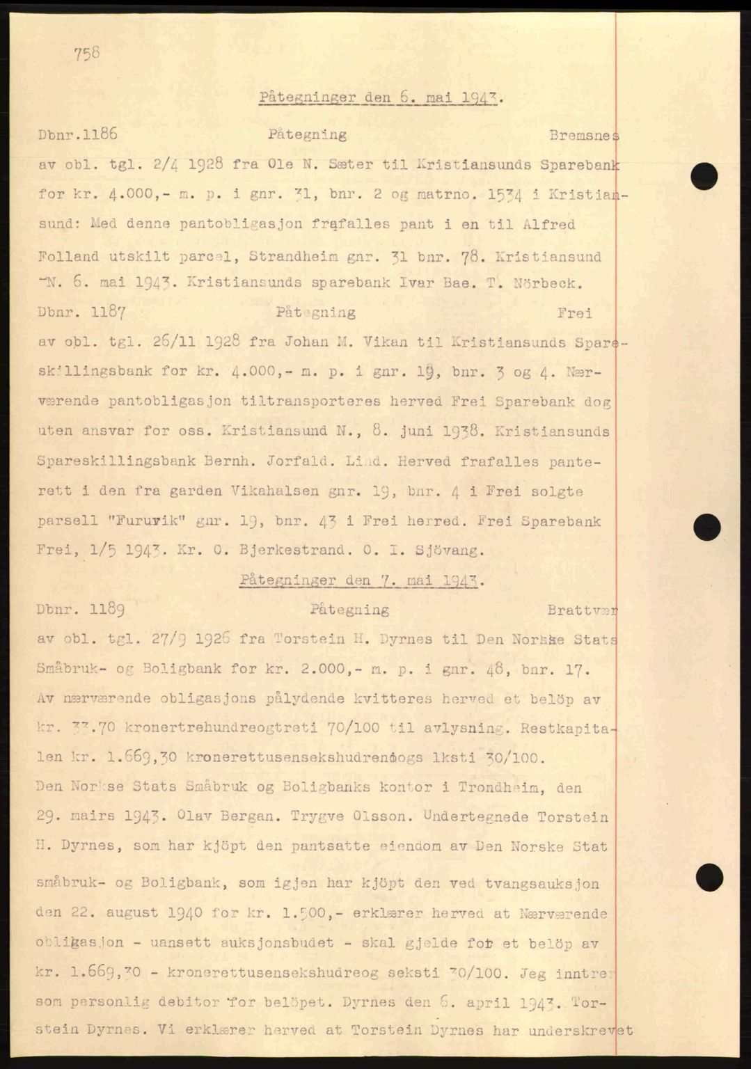 Nordmøre sorenskriveri, AV/SAT-A-4132/1/2/2Ca: Mortgage book no. C81, 1940-1945, Diary no: : 1186/1943