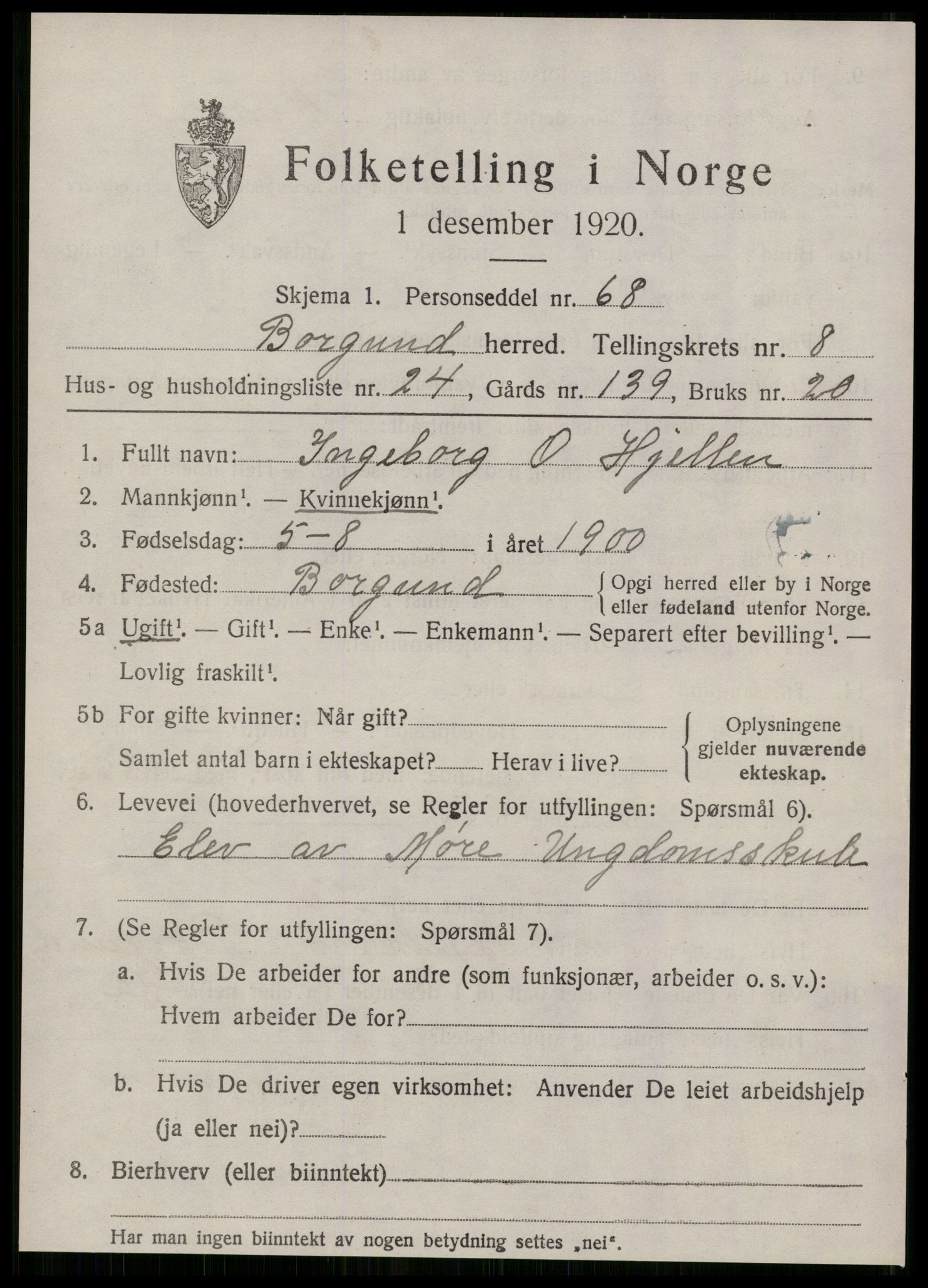 SAT, 1920 census for Borgund, 1920, p. 7798