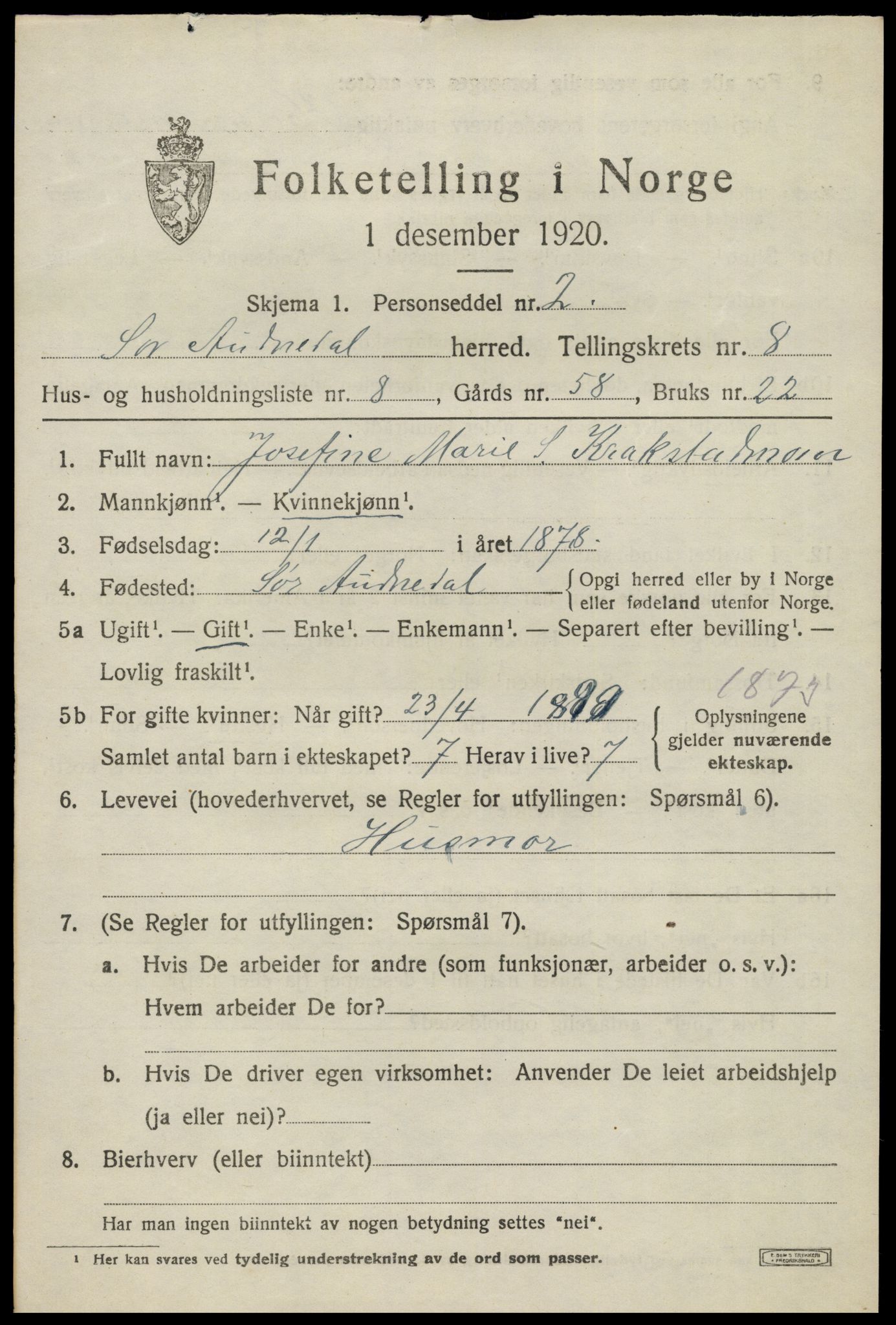 SAK, 1920 census for Sør-Audnedal, 1920, p. 3271