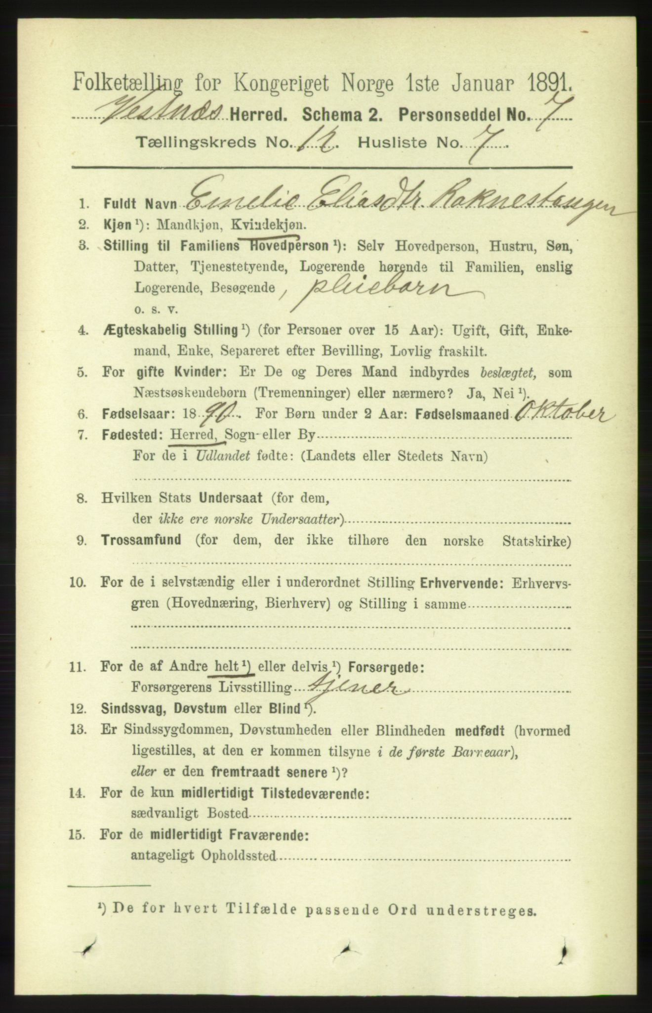 RA, 1891 census for 1535 Vestnes, 1891, p. 4457