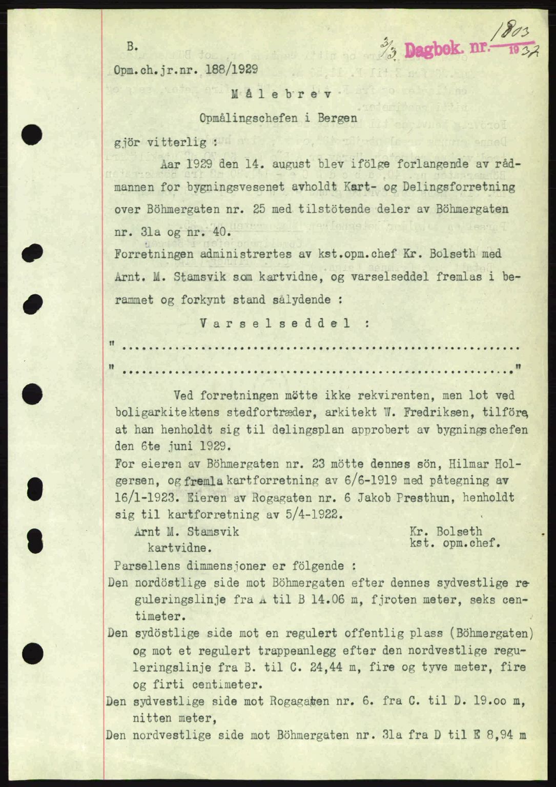 Byfogd og Byskriver i Bergen, SAB/A-3401/03/03Bc/L0004: Mortgage book no. A3-4, 1936-1937, Diary no: : 1803/1937