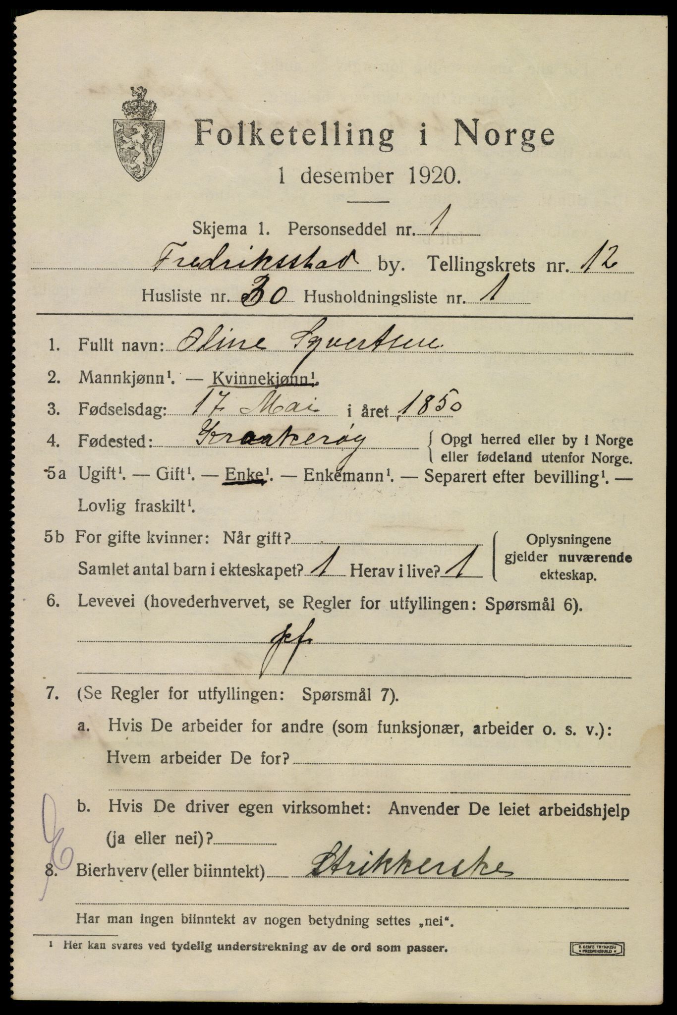 SAO, 1920 census for Fredrikstad, 1920, p. 31051