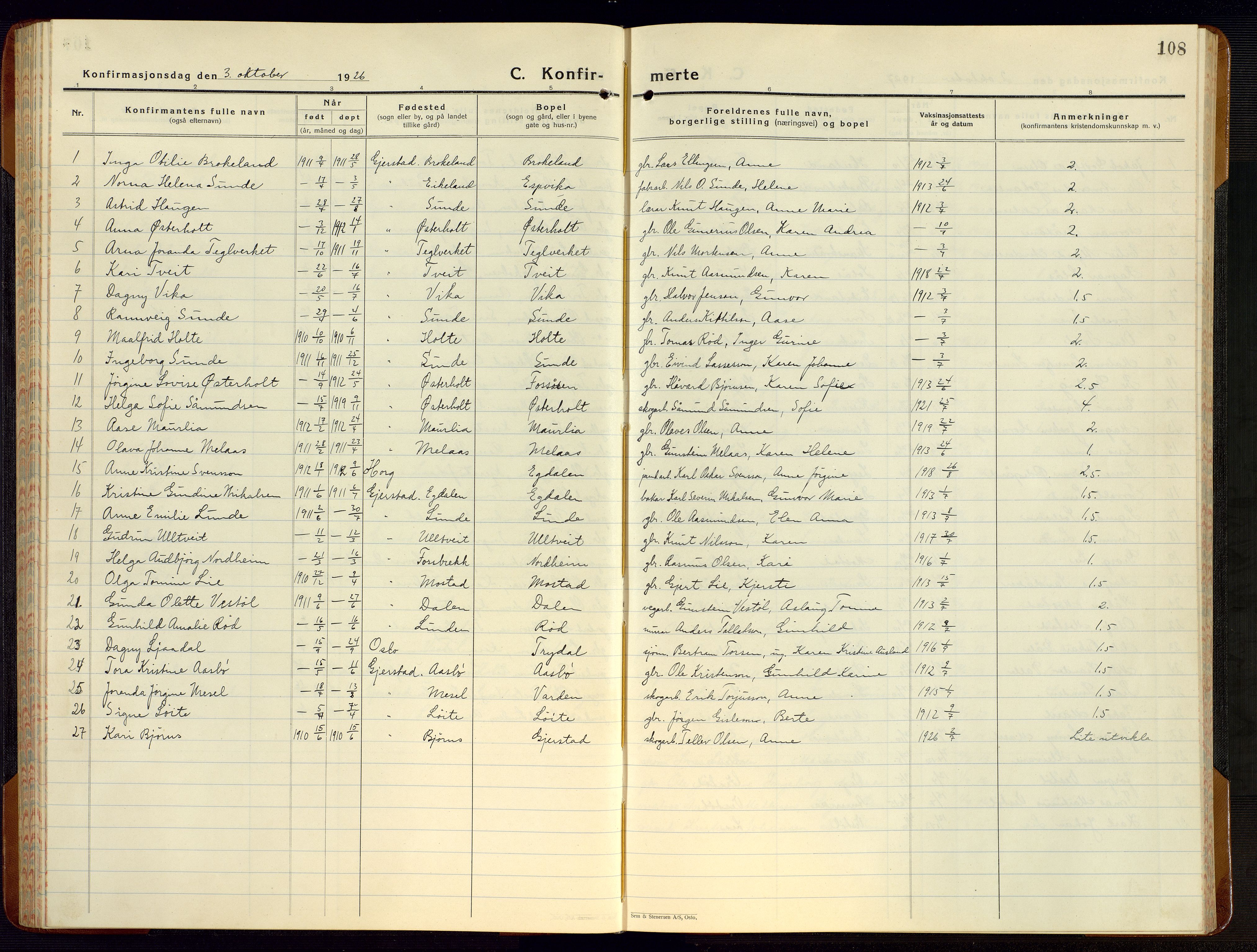 Gjerstad sokneprestkontor, AV/SAK-1111-0014/F/Fb/Fba/L0009: Parish register (copy) no. B 9, 1925-1946, p. 108