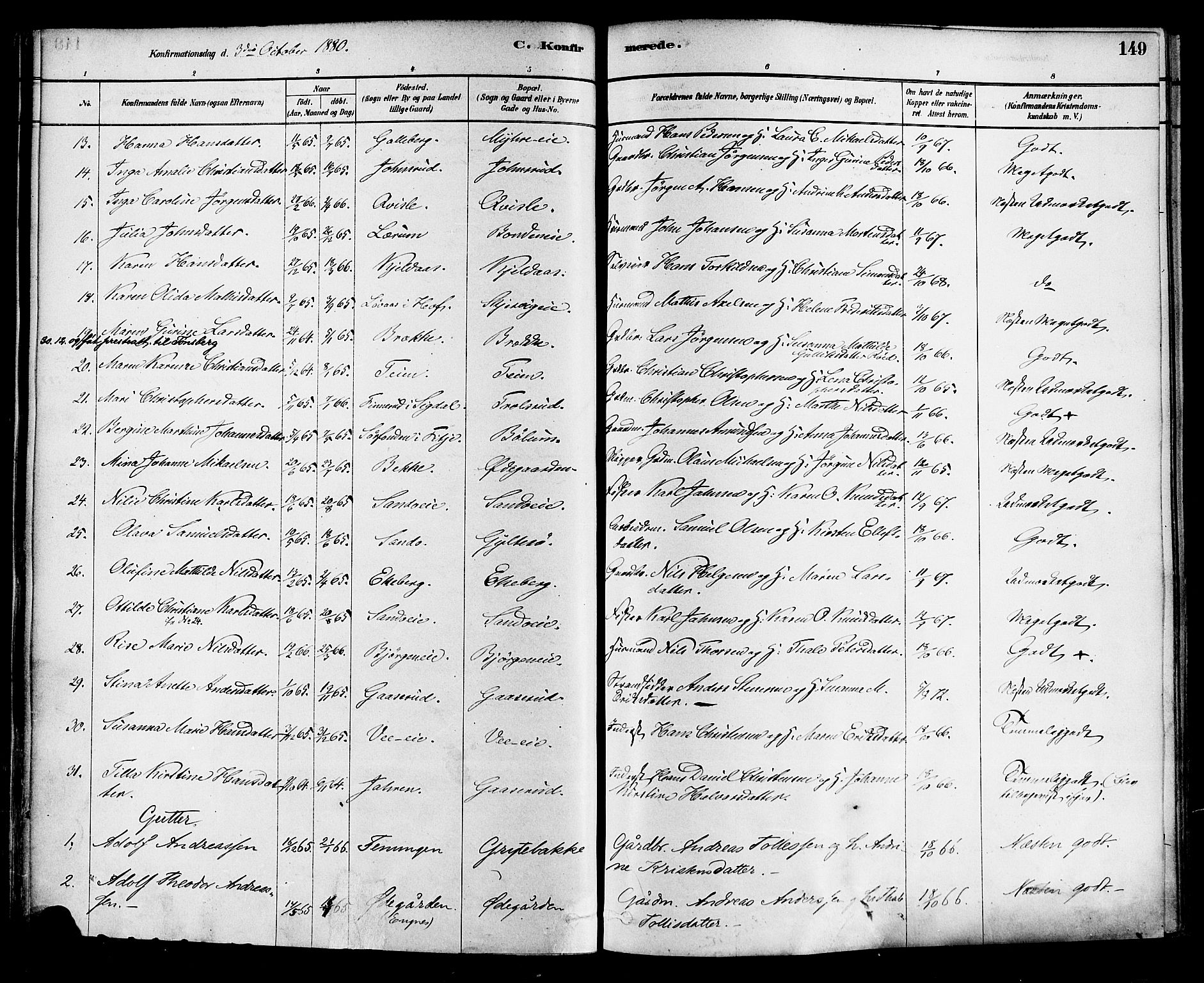 Sande Kirkebøker, AV/SAKO-A-53/F/Fa/L0006: Parish register (official) no. 6, 1878-1888, p. 149