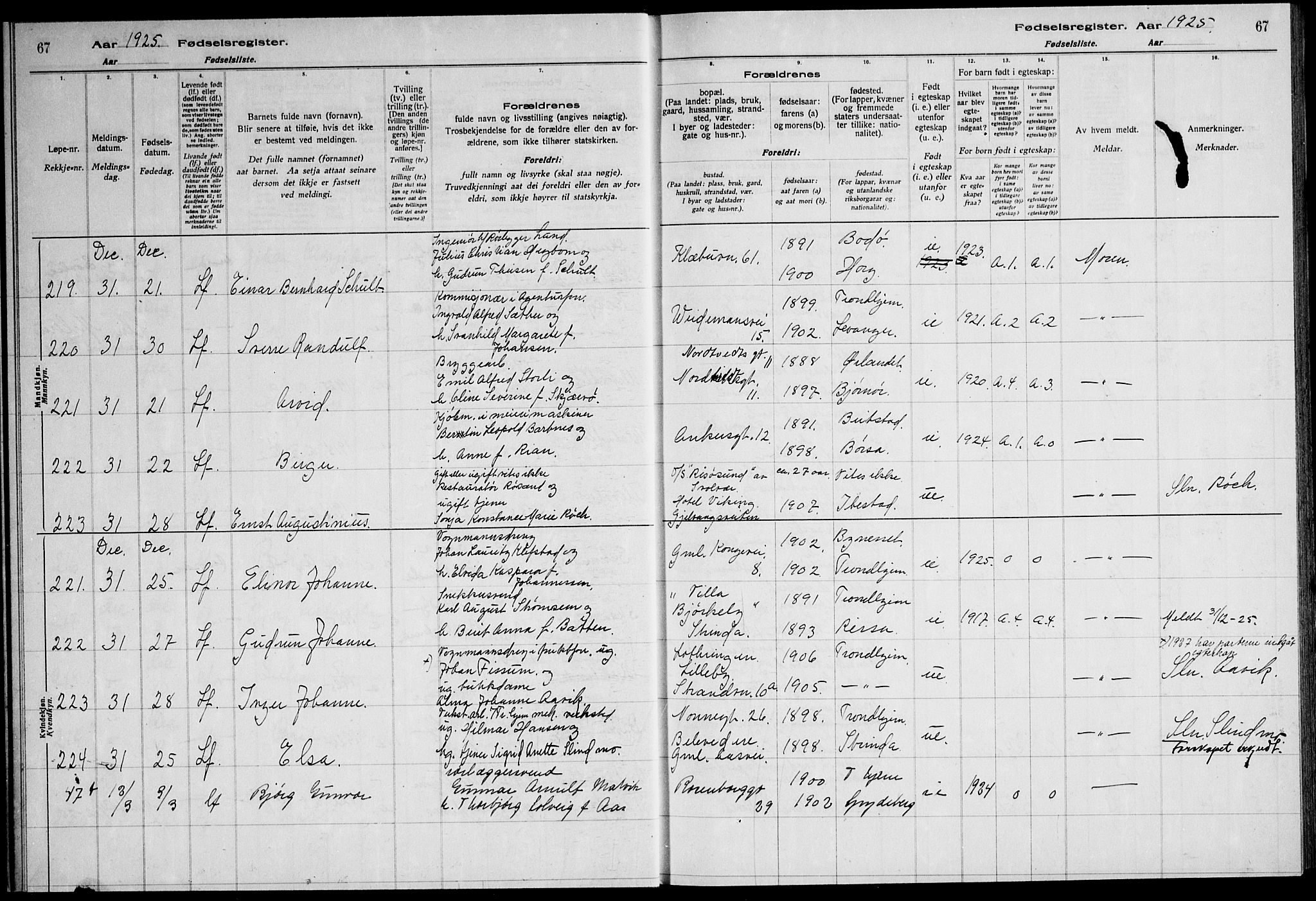 Ministerialprotokoller, klokkerbøker og fødselsregistre - Sør-Trøndelag, SAT/A-1456/600/L0004: Birth register no. 600.II.4.3, 1924-1928, p. 67