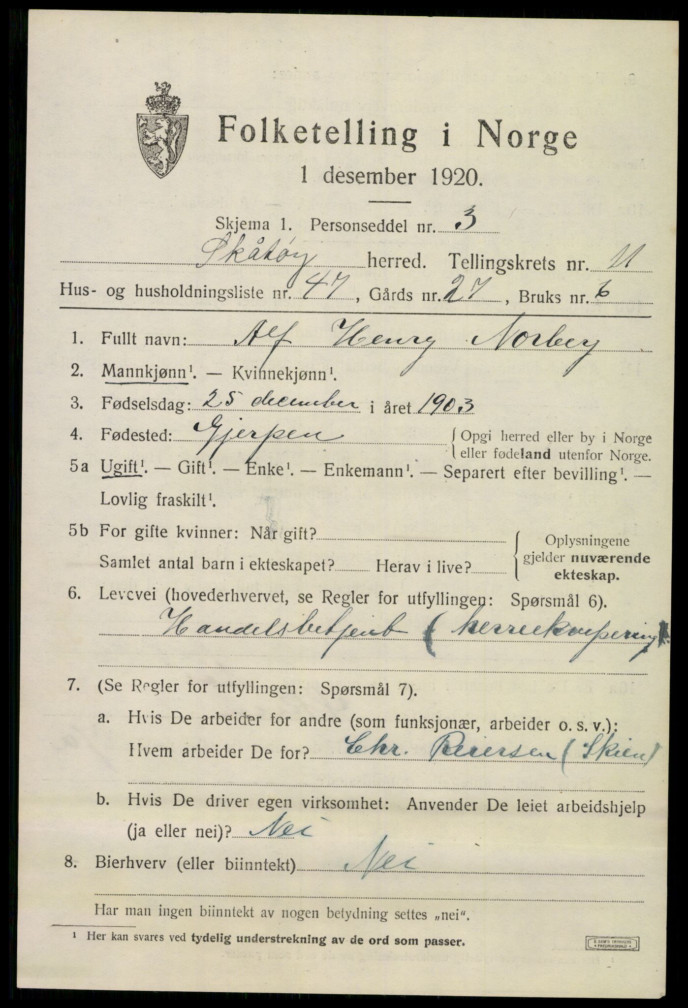 SAKO, 1920 census for Skåtøy, 1920, p. 8050