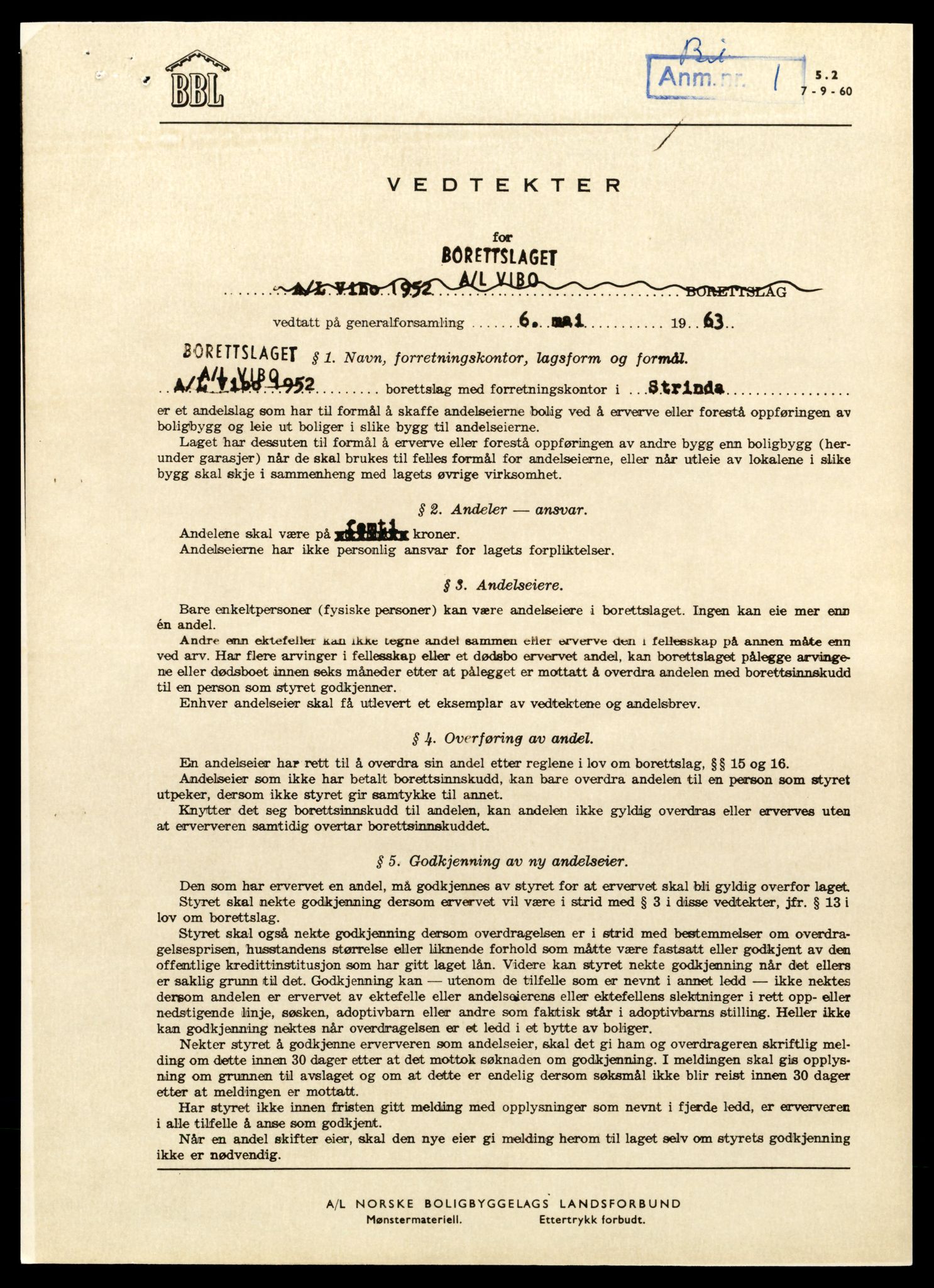 Trondheim byfogd, AV/SAT-A-0003/2/J/Jd/Jda/L0092: Bilag, andelslag og borettslag, Vi-Å, 1944-1990, p. 1