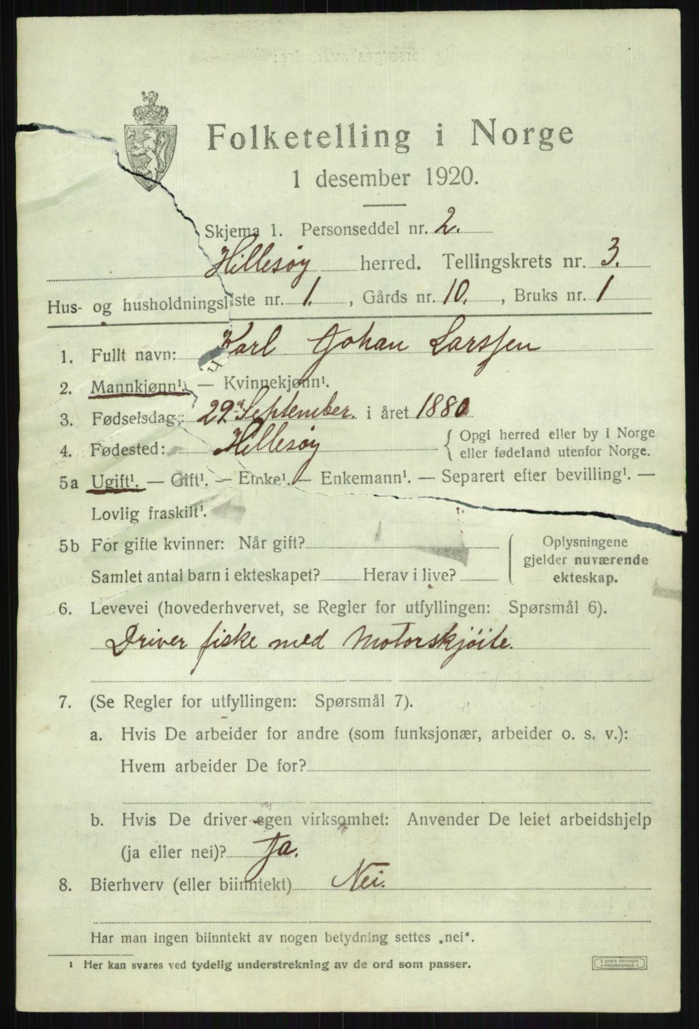 SATØ, 1920 census for Hillesøy, 1920, p. 1665