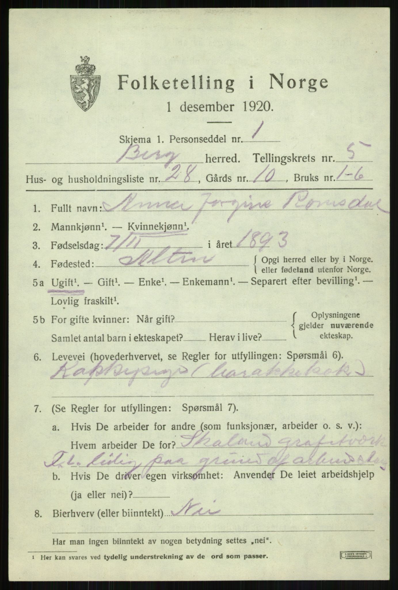 SATØ, 1920 census for Berg, 1920, p. 2041