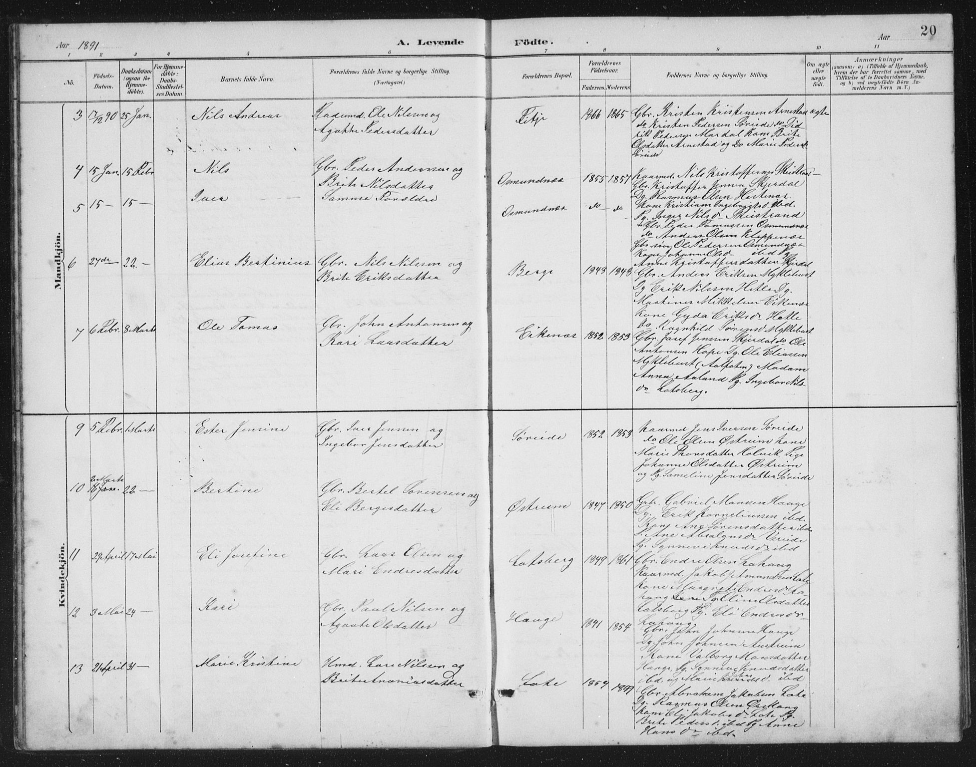 Gloppen sokneprestembete, AV/SAB-A-80101/H/Hab/Habb/L0002: Parish register (copy) no. B 2, 1889-1909, p. 20