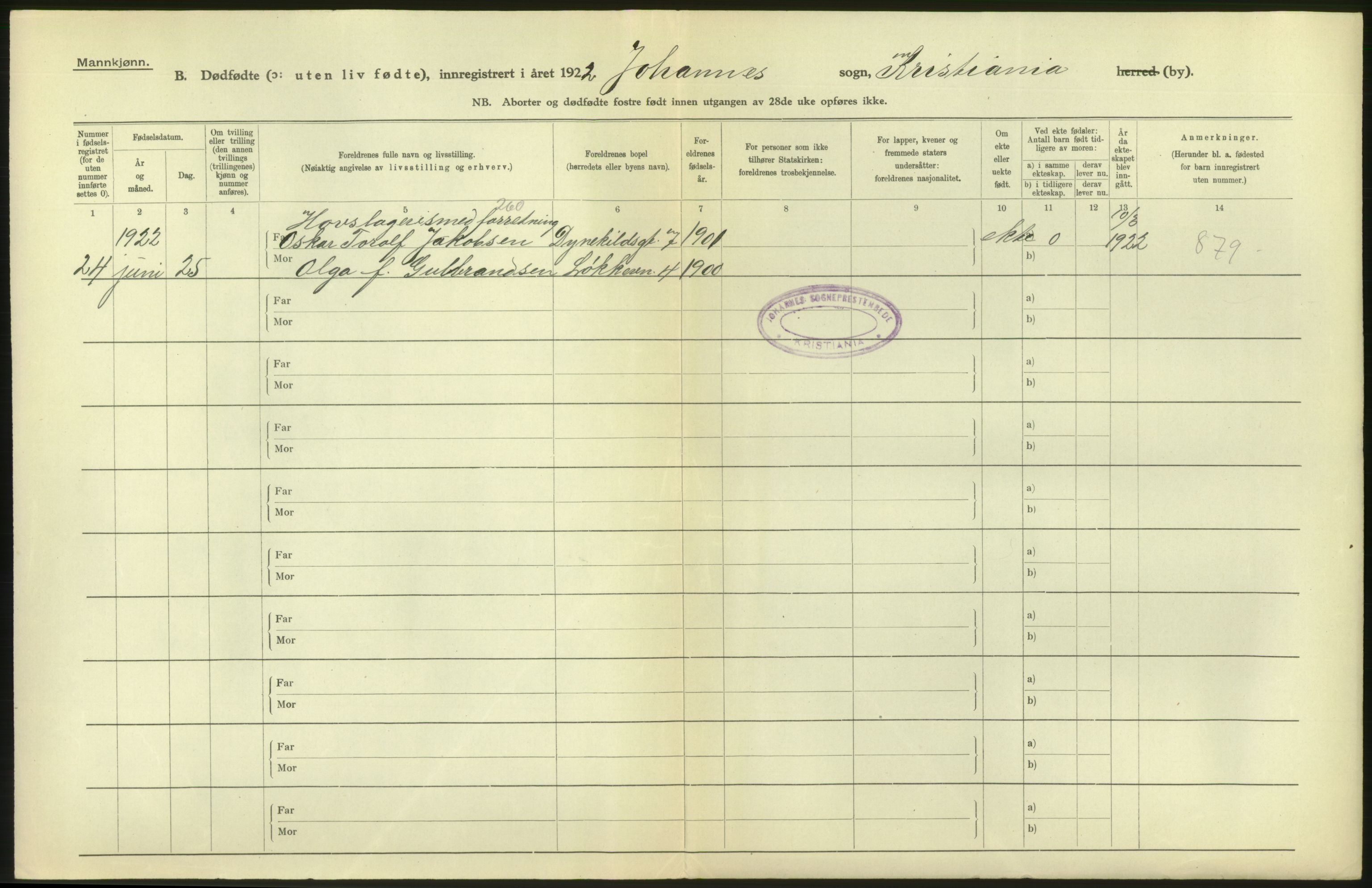 Statistisk sentralbyrå, Sosiodemografiske emner, Befolkning, AV/RA-S-2228/D/Df/Dfc/Dfcb/L0010: Kristiania: Døde, dødfødte, 1922, p. 6