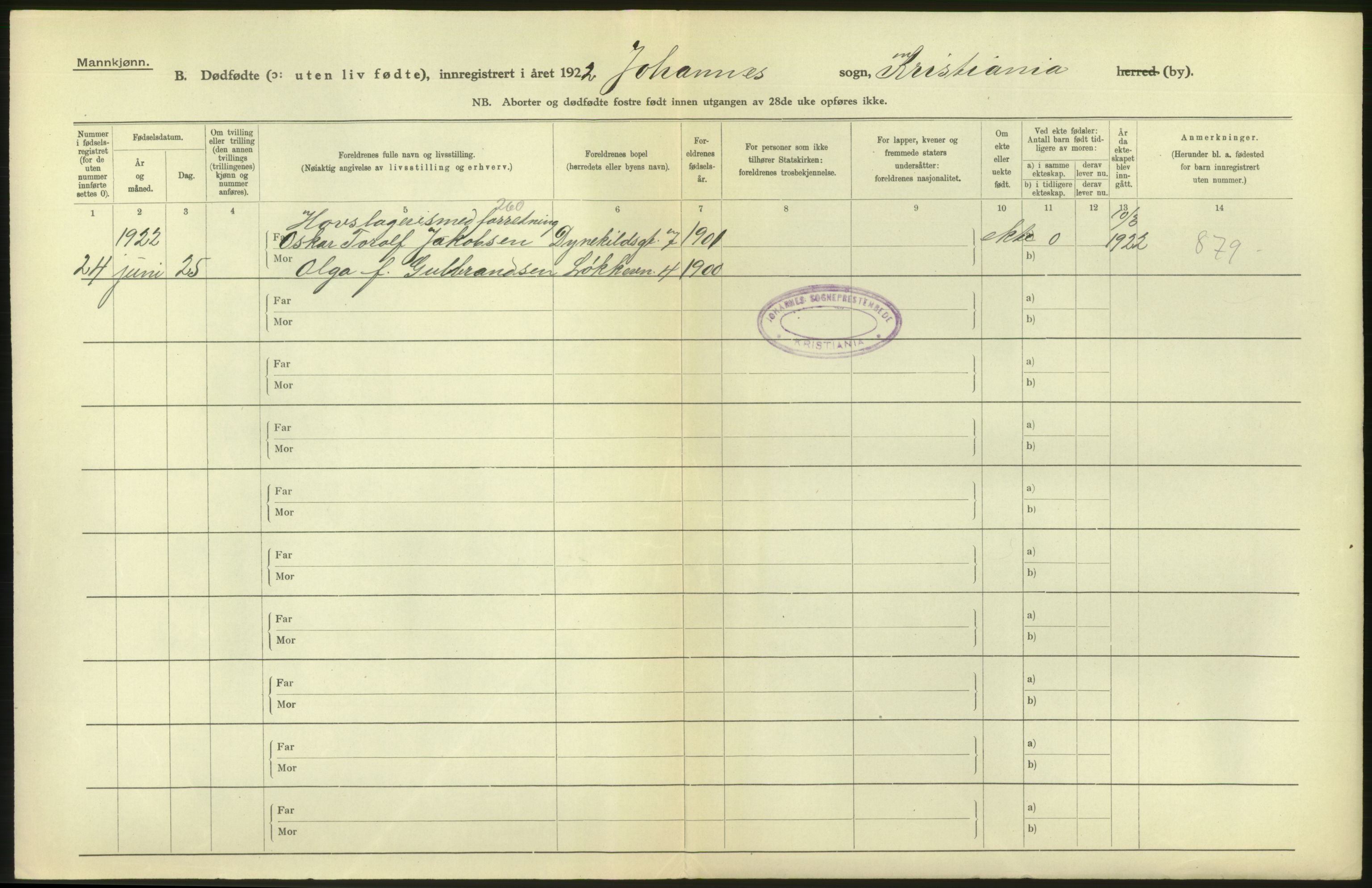 Statistisk sentralbyrå, Sosiodemografiske emner, Befolkning, RA/S-2228/D/Df/Dfc/Dfcb/L0010: Kristiania: Døde, dødfødte, 1922, p. 6