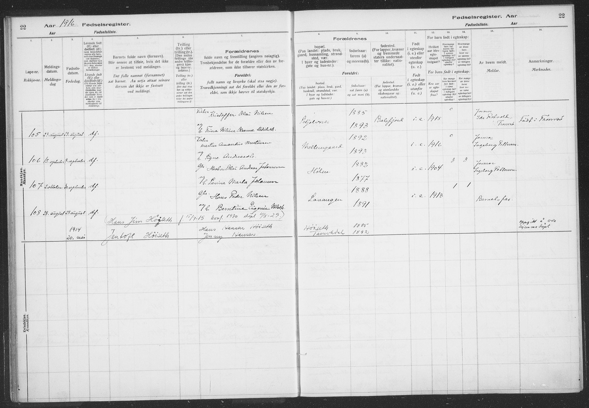 Balsfjord sokneprestembete, AV/SATØ-S-1303/H/Hb/L0059: Birth register no. 59, 1916-1930, p. 22