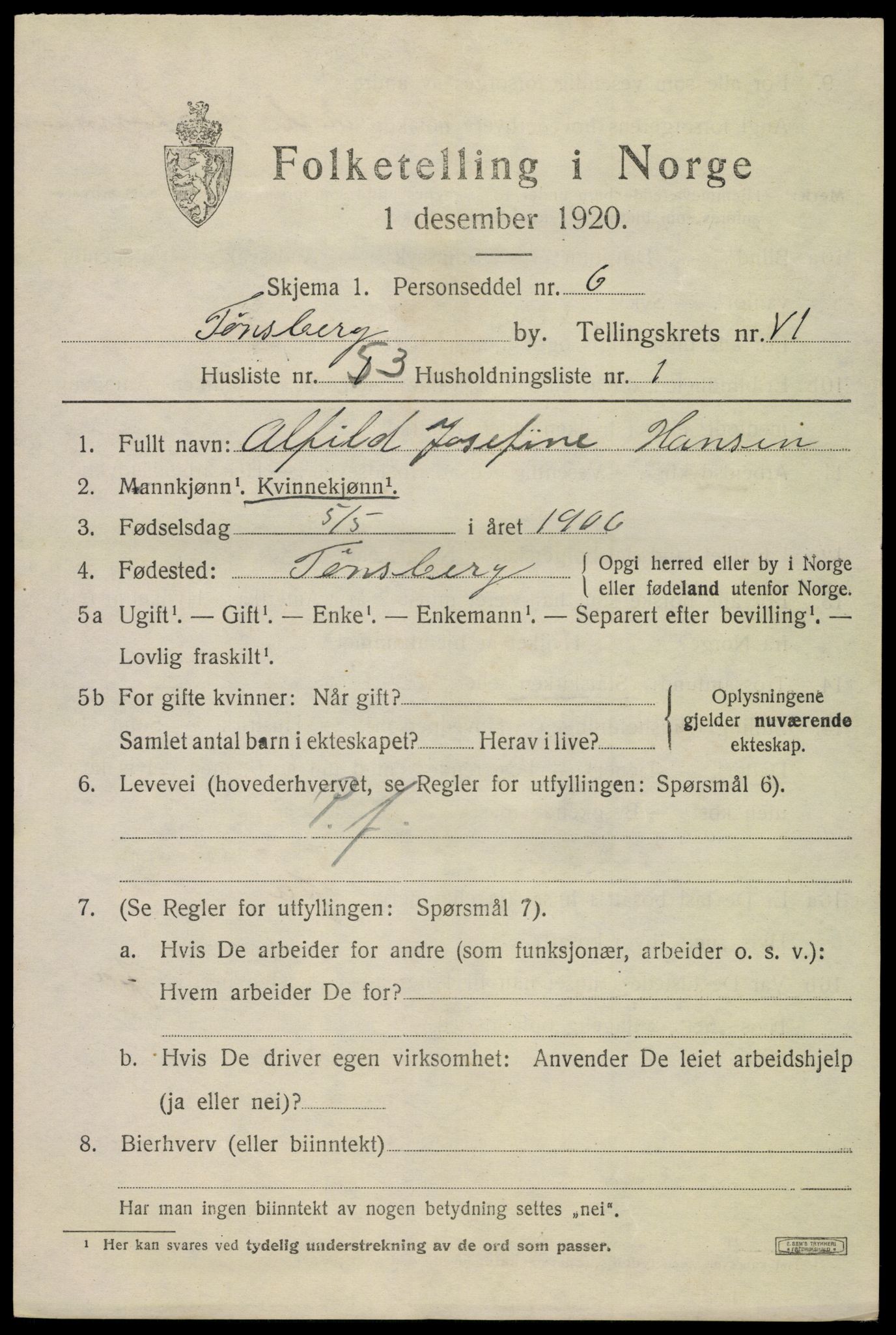 SAKO, 1920 census for Tønsberg, 1920, p. 15319