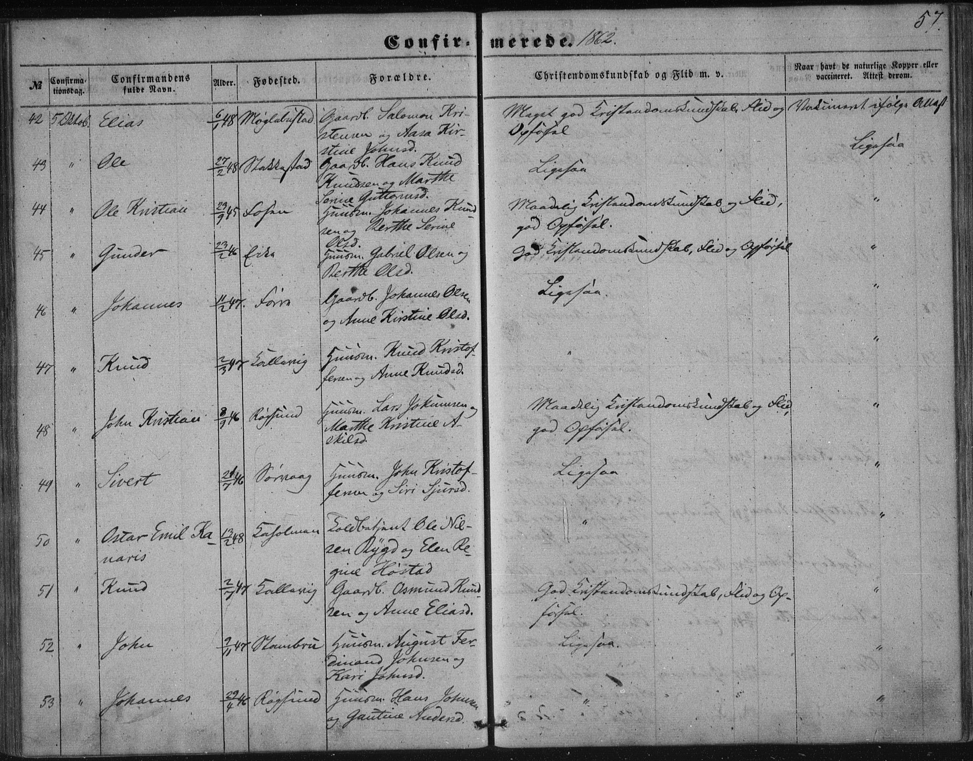 Avaldsnes sokneprestkontor, AV/SAST-A -101851/H/Ha/Haa/L0009: Parish register (official) no. A 9, 1853-1865, p. 57