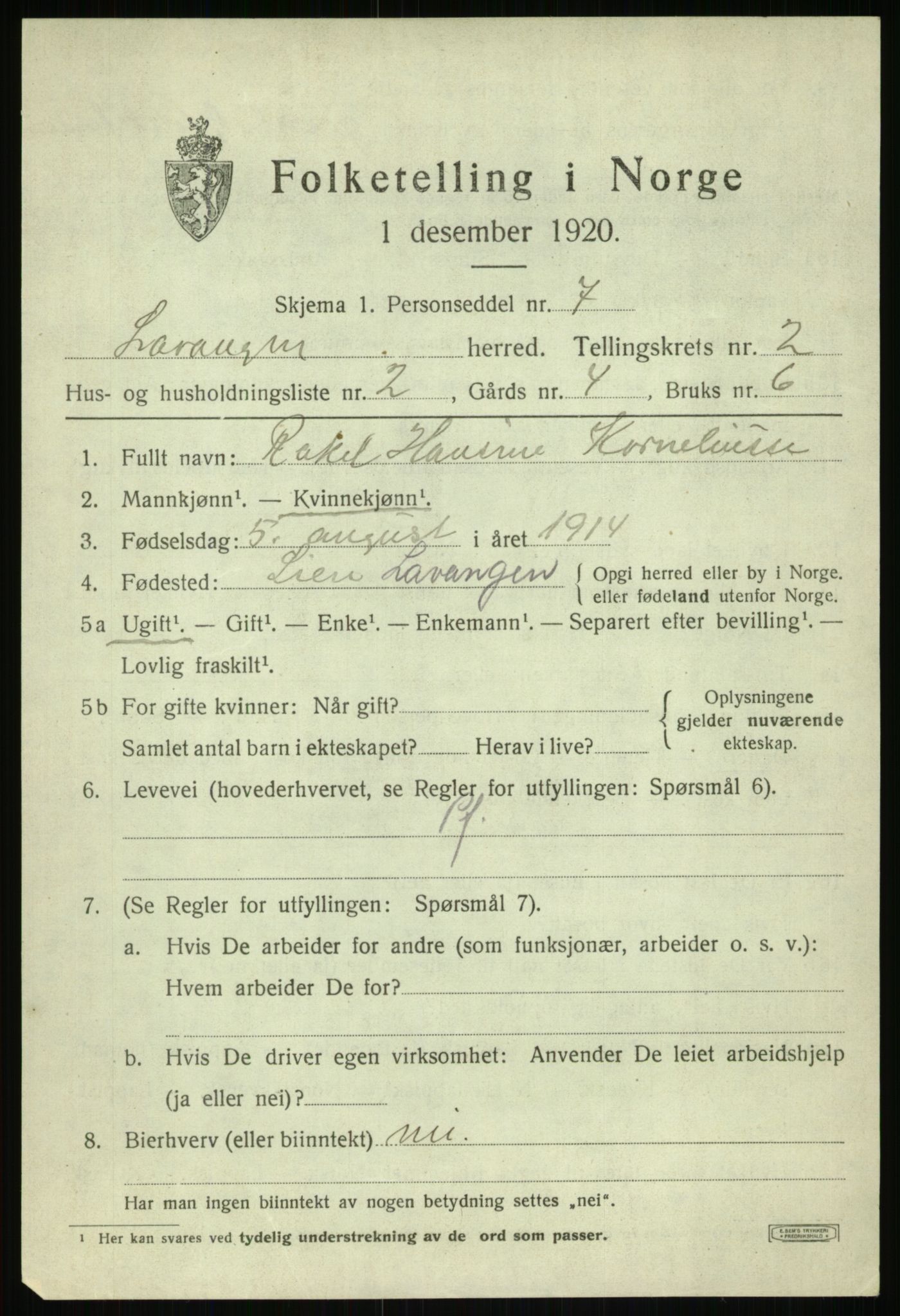 SATØ, 1920 census for Lavangen, 1920, p. 955