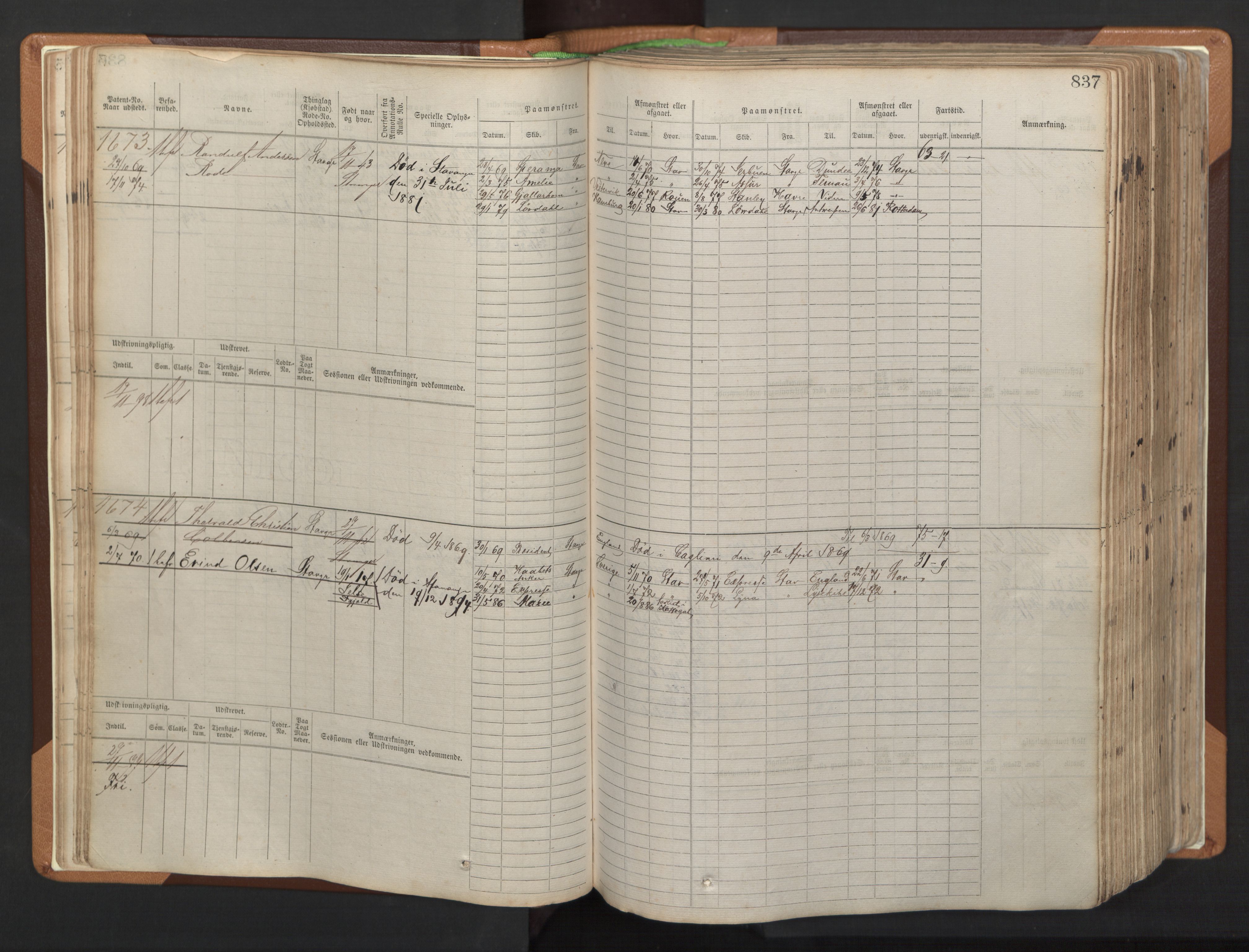 Stavanger sjømannskontor, AV/SAST-A-102006/F/Fb/Fbb/L0006: Sjøfartshovedrulle, patentnr. 1607-2402 (del 3), 1869-1880, p. 36