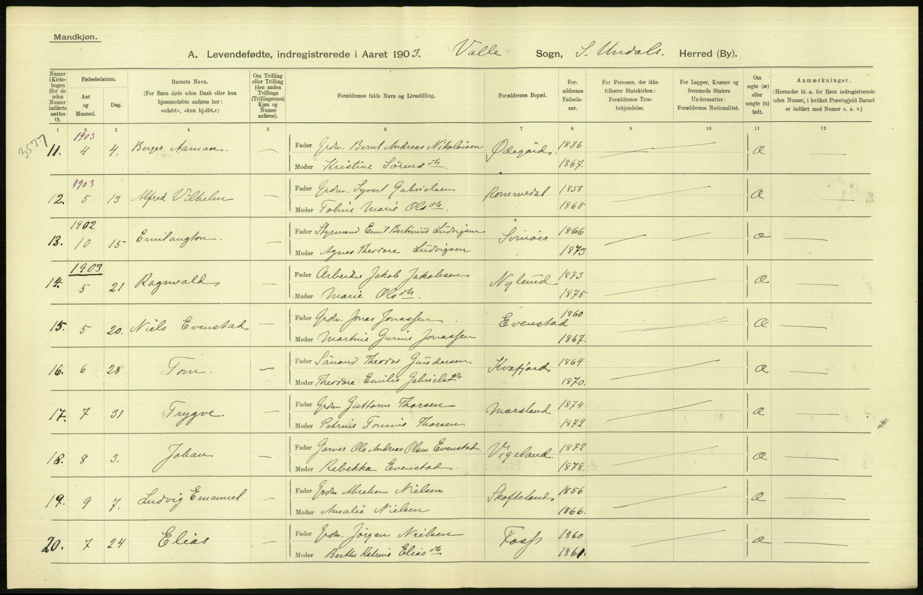 Statistisk sentralbyrå, Sosiodemografiske emner, Befolkning, AV/RA-S-2228/D/Df/Dfa/Dfaa/L0011: Lister og Mandal amt: Fødte, gifte, døde, 1903, p. 108