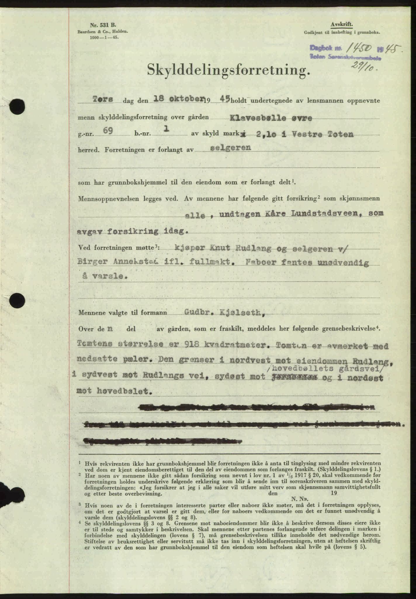 Toten tingrett, SAH/TING-006/H/Hb/Hbc/L0013: Mortgage book no. Hbc-13, 1945-1945, Diary no: : 1450/1945