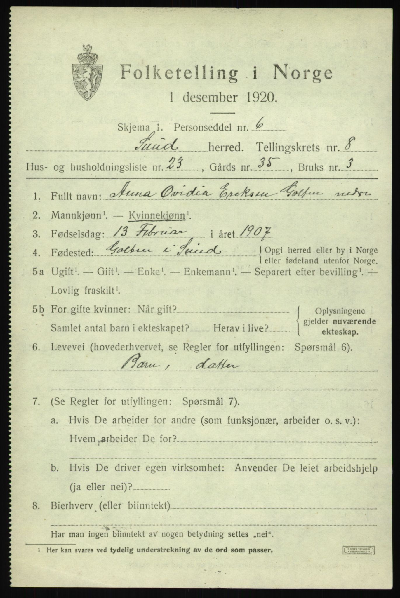 SAB, 1920 census for Sund, 1920, p. 5299